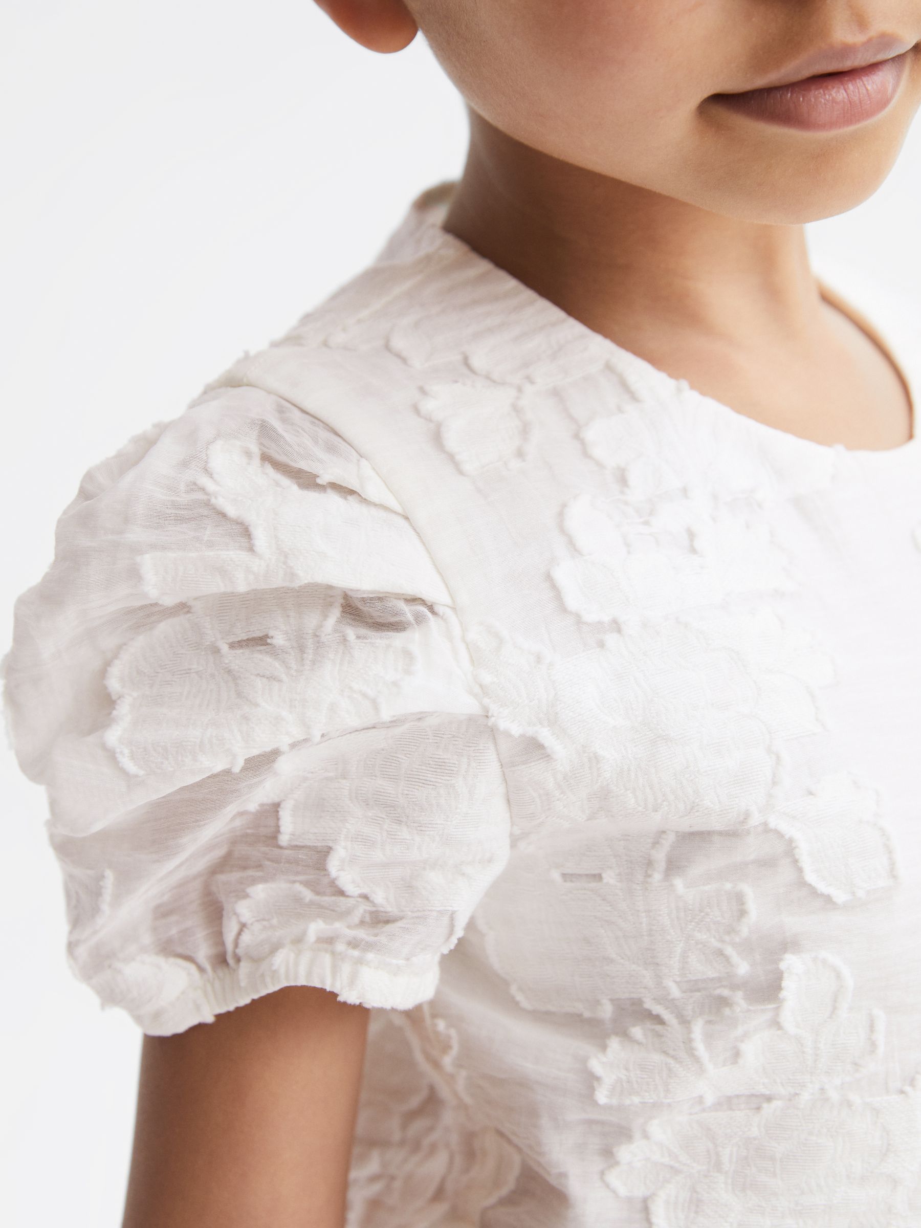 9-12 yrs Floral Print Textured Dress in Ivory