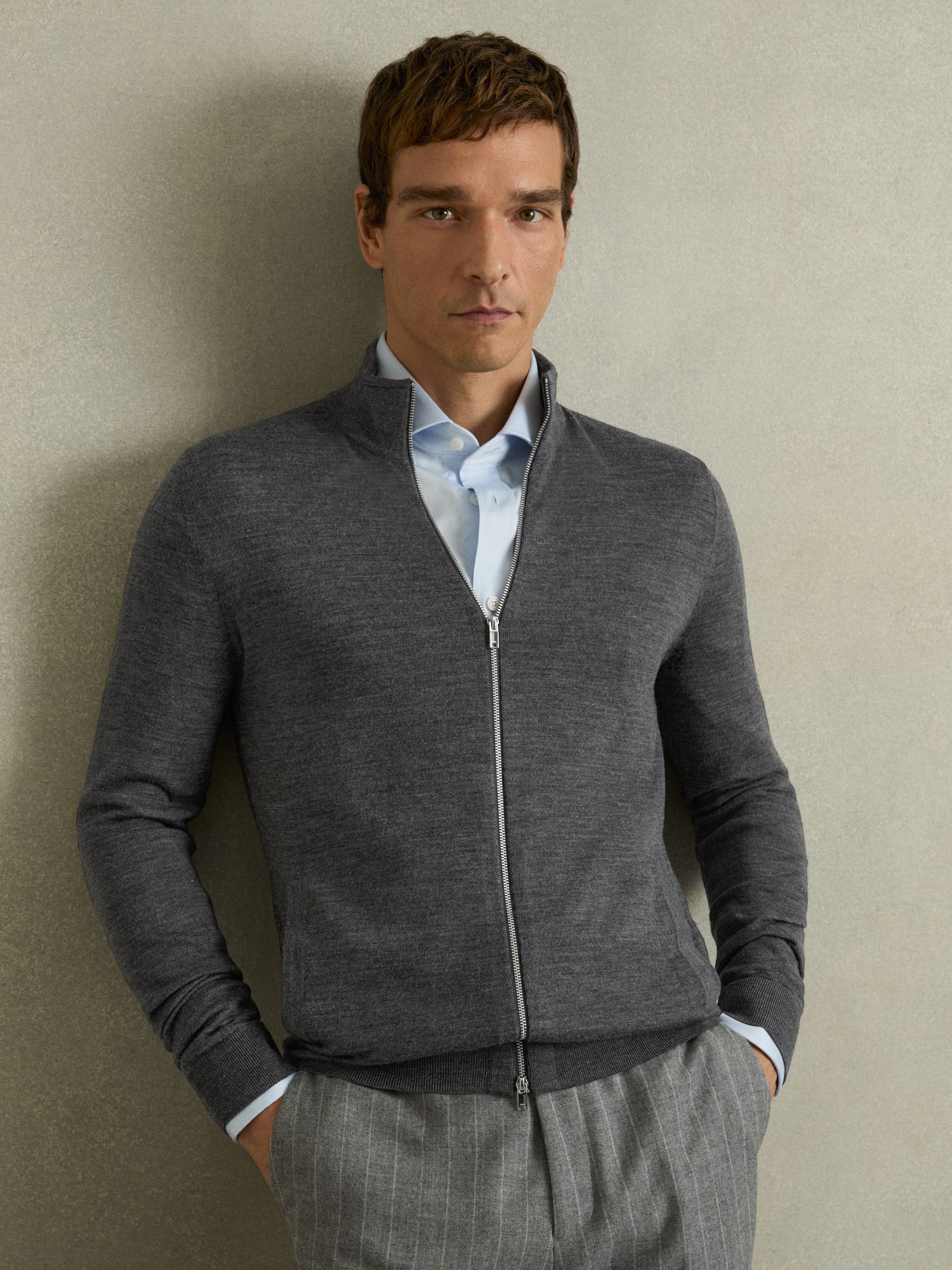 Merino Wool Zip-Through Cardigan in Derby Grey Marl