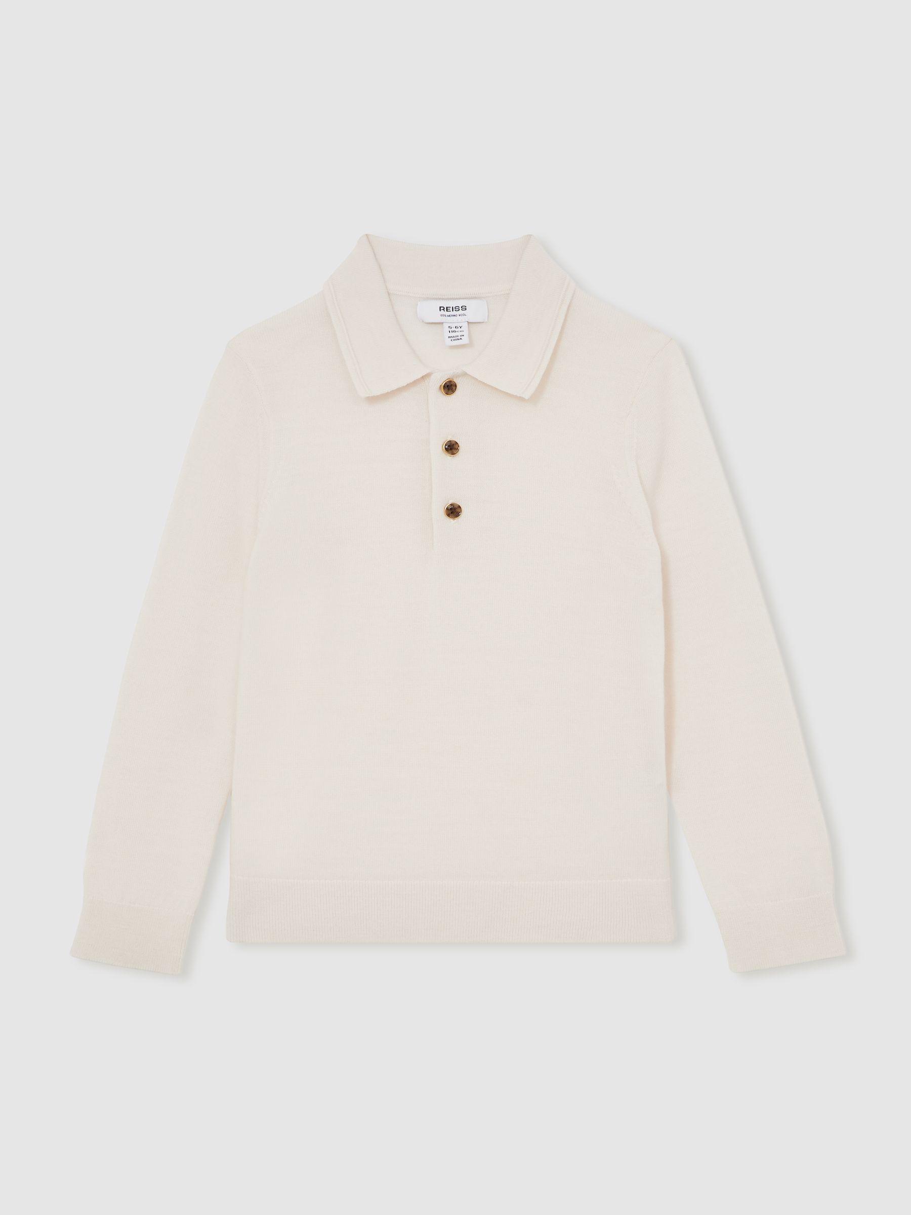 9-13 yrs Merino Wool Long-Sleeve Polo Shirt in Snow