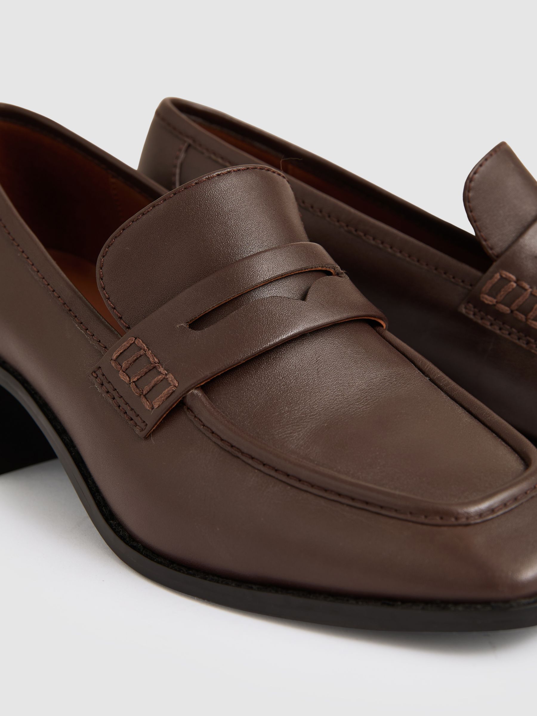 Leather Block-Heel Penny Loafers in Chocolate