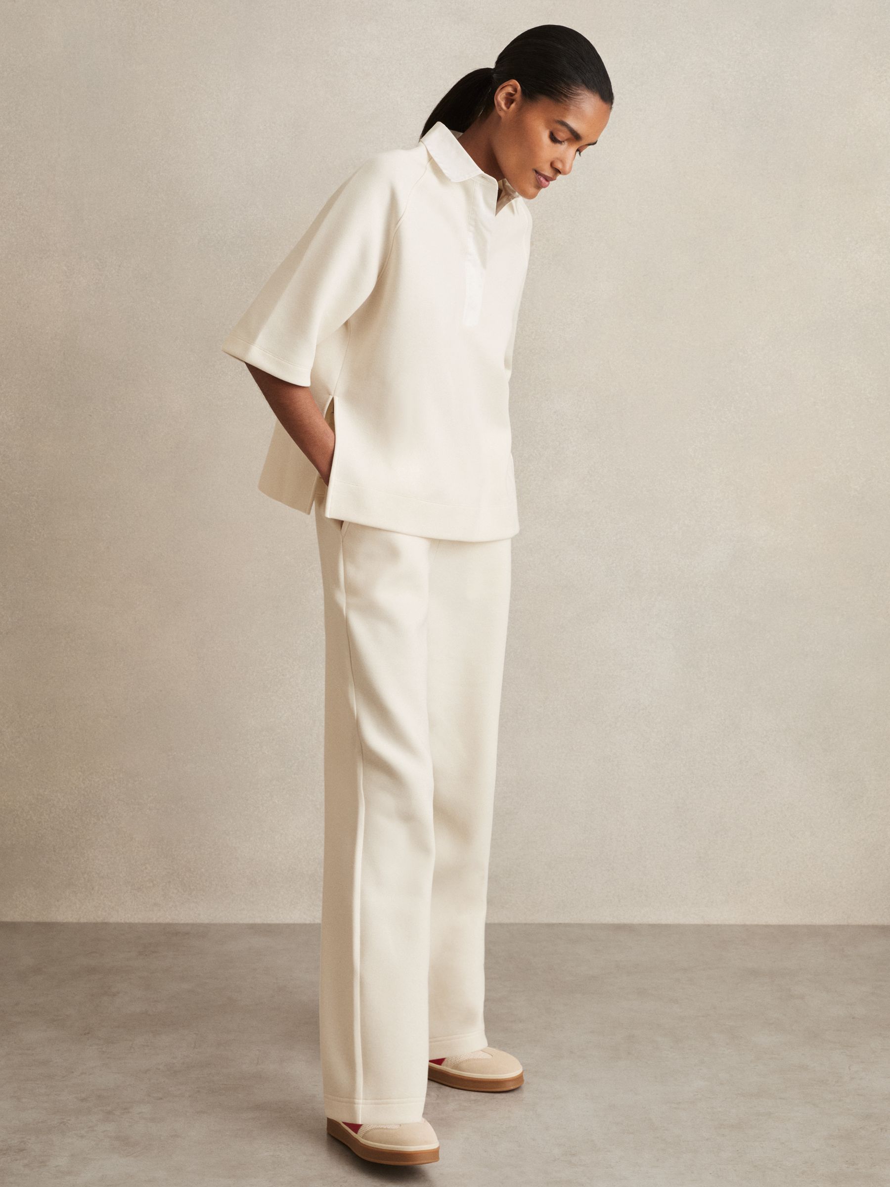 Cotton-Blend Interlock Wide-Leg Joggers in Ivory