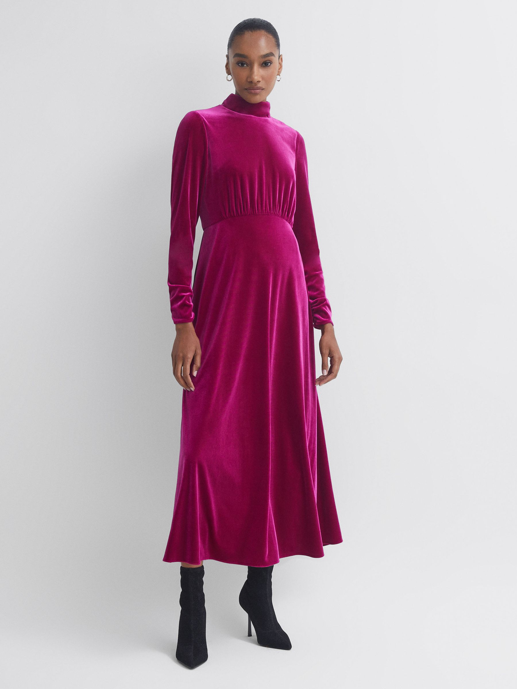 Florere Velvet Midi Dress in Bright Pink