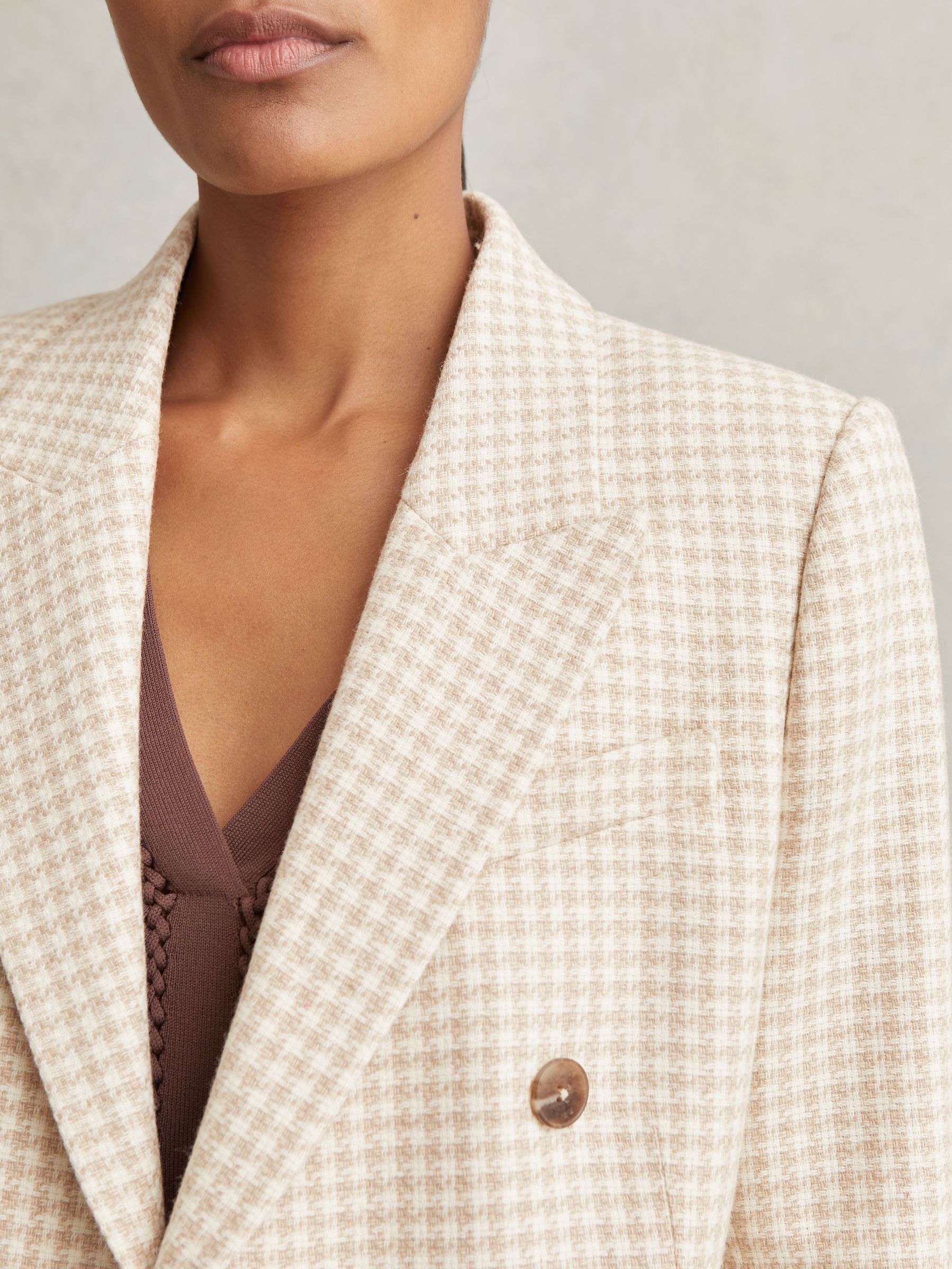 Double Breasted Check Blazer With Wool in Neutral Check