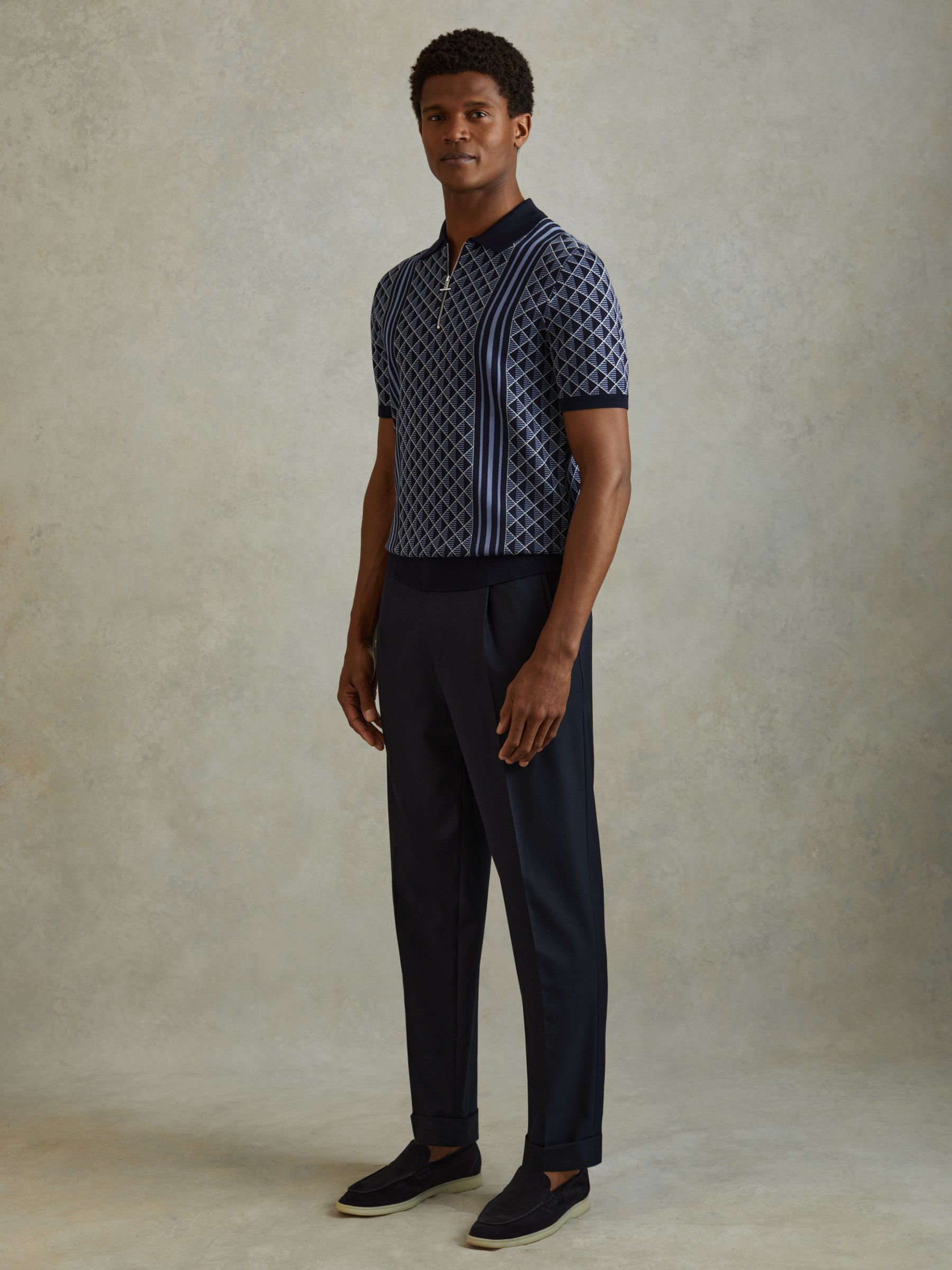 Half-Zip Diamond Stitch Polo Shirt in Navy