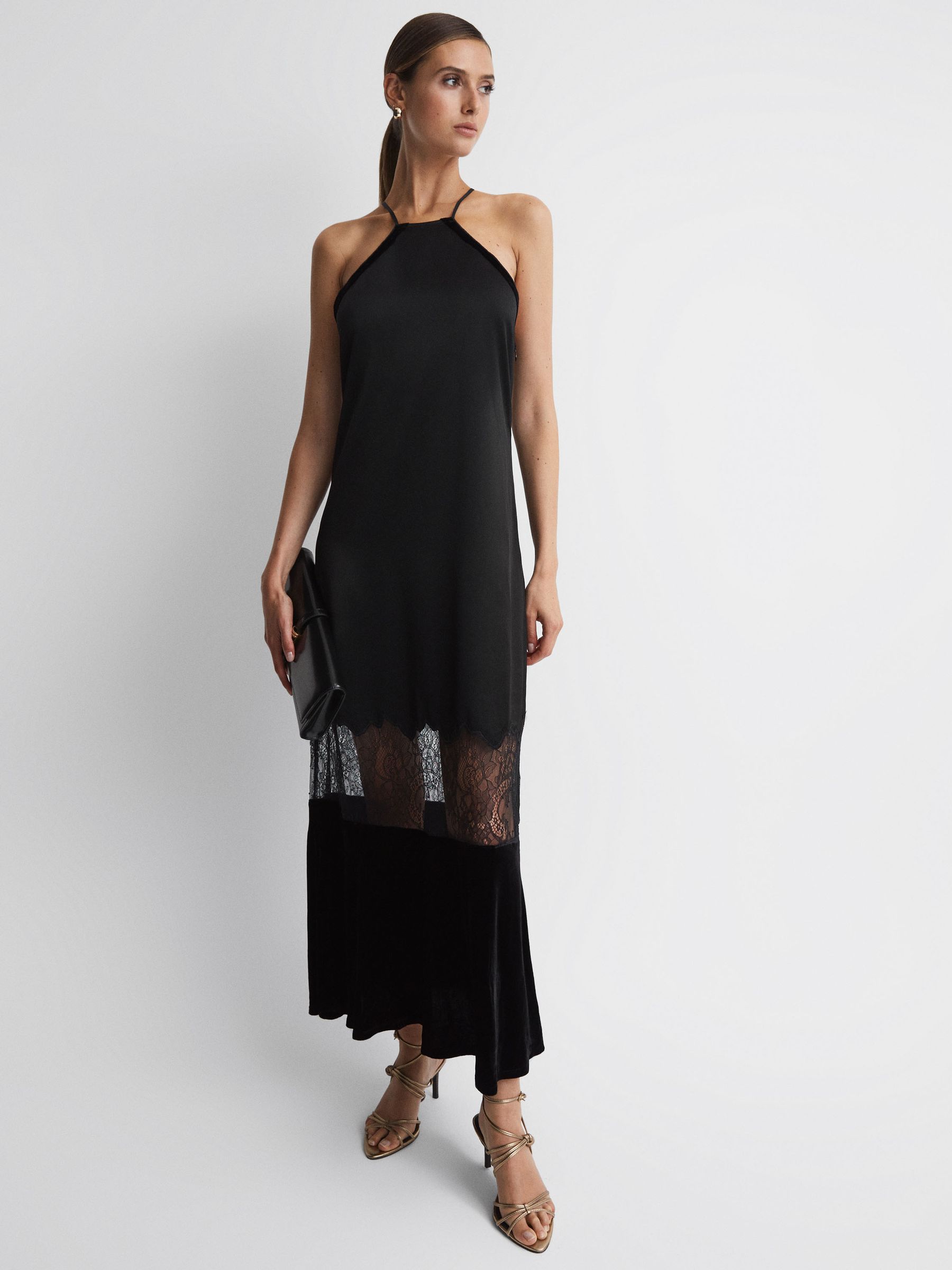 Fitted Satin-Velvet Midi Dress in Black