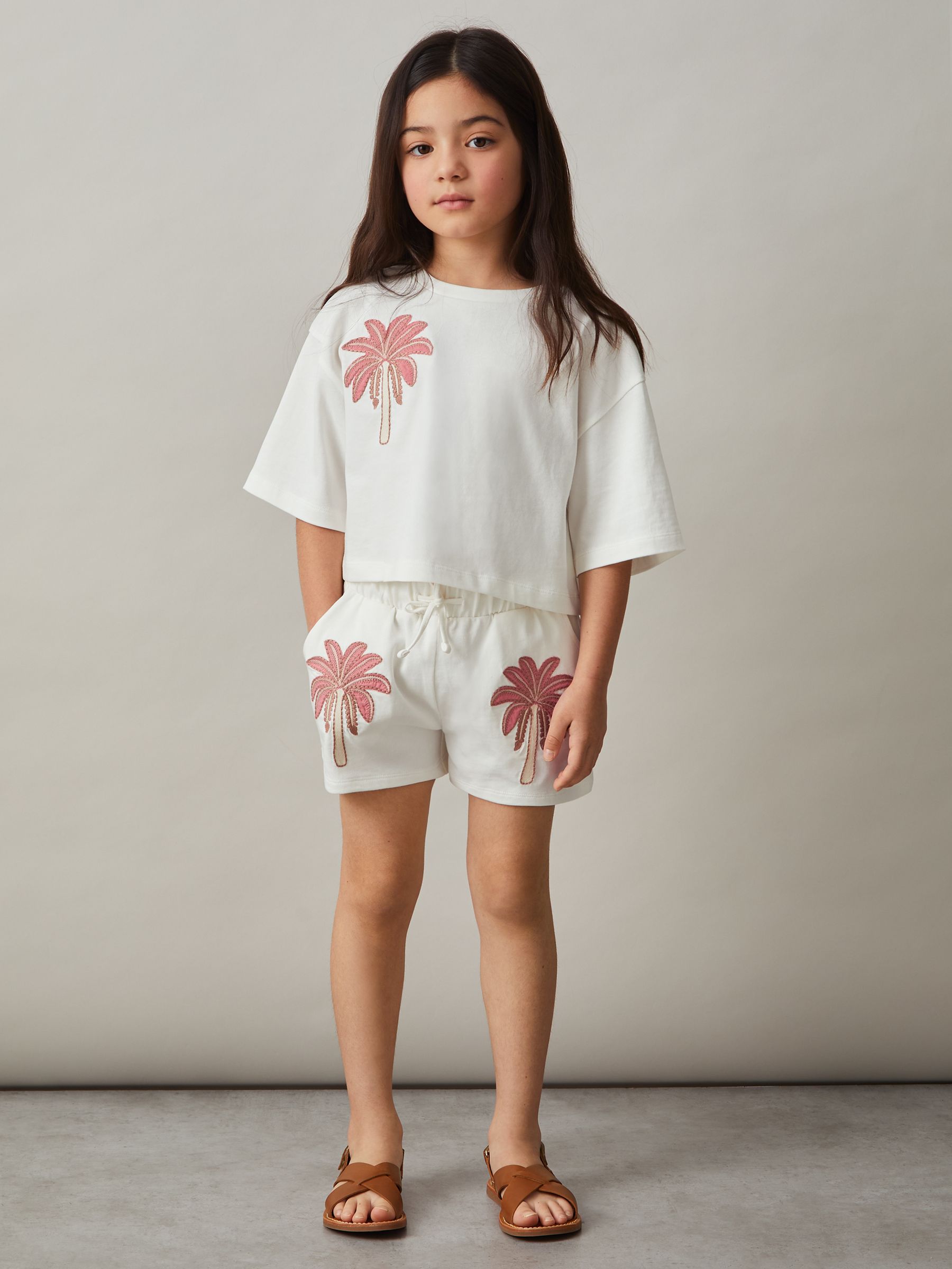 13-14 yrs Cotton Palm Tree Cropped T-Shirt in Ivory