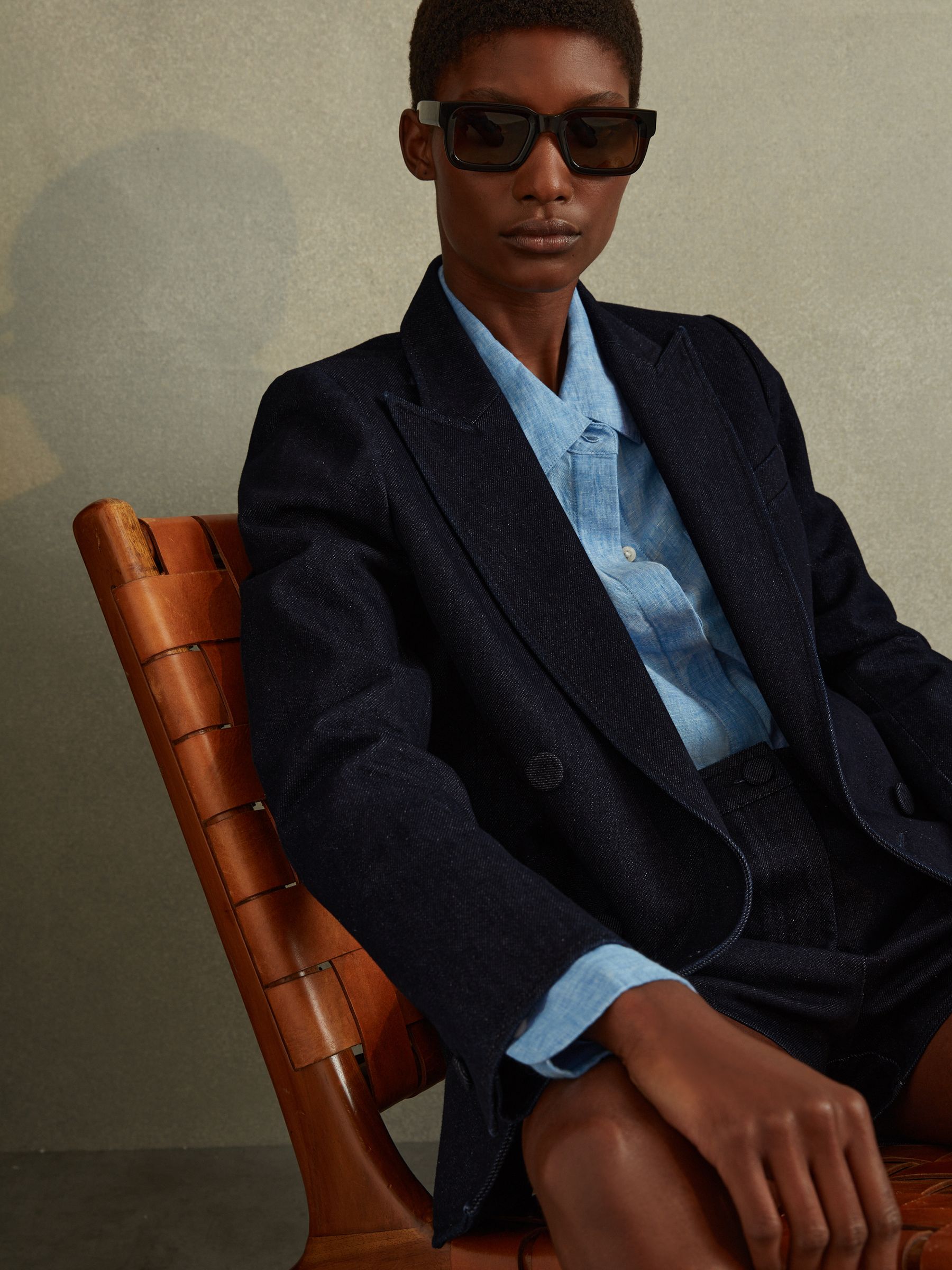 Double Breasted Denim Suit: Blazer in Dark Blue