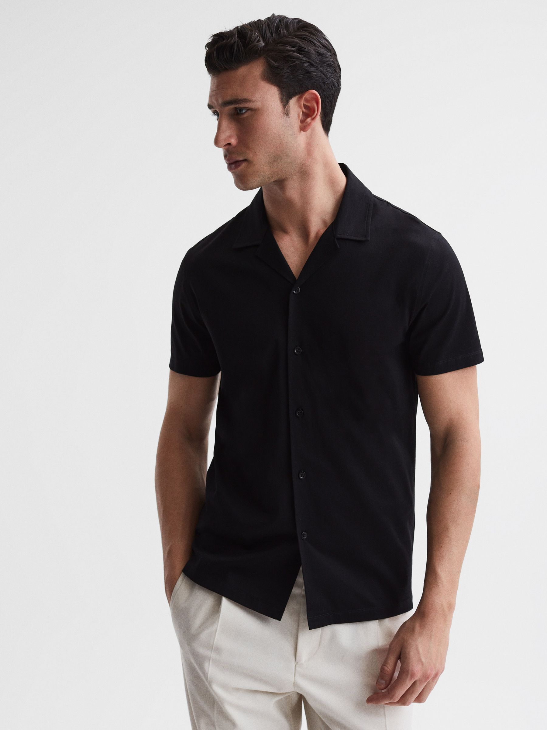 Mercerised Jersey Cuban Collar Shirt in Black