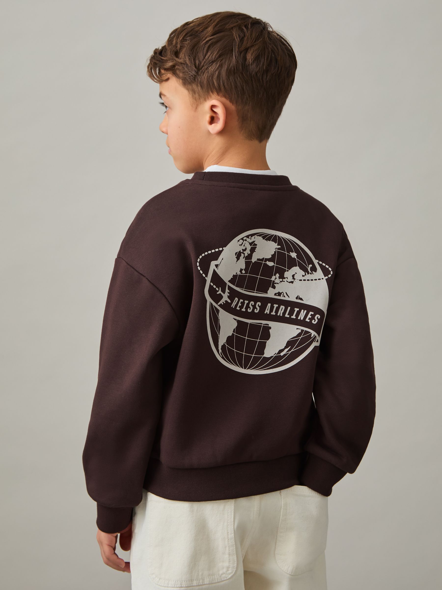 9-13 yrs Cotton-Blend Airlines-Print Sweatshirt in Chocolate Brown/Off White
