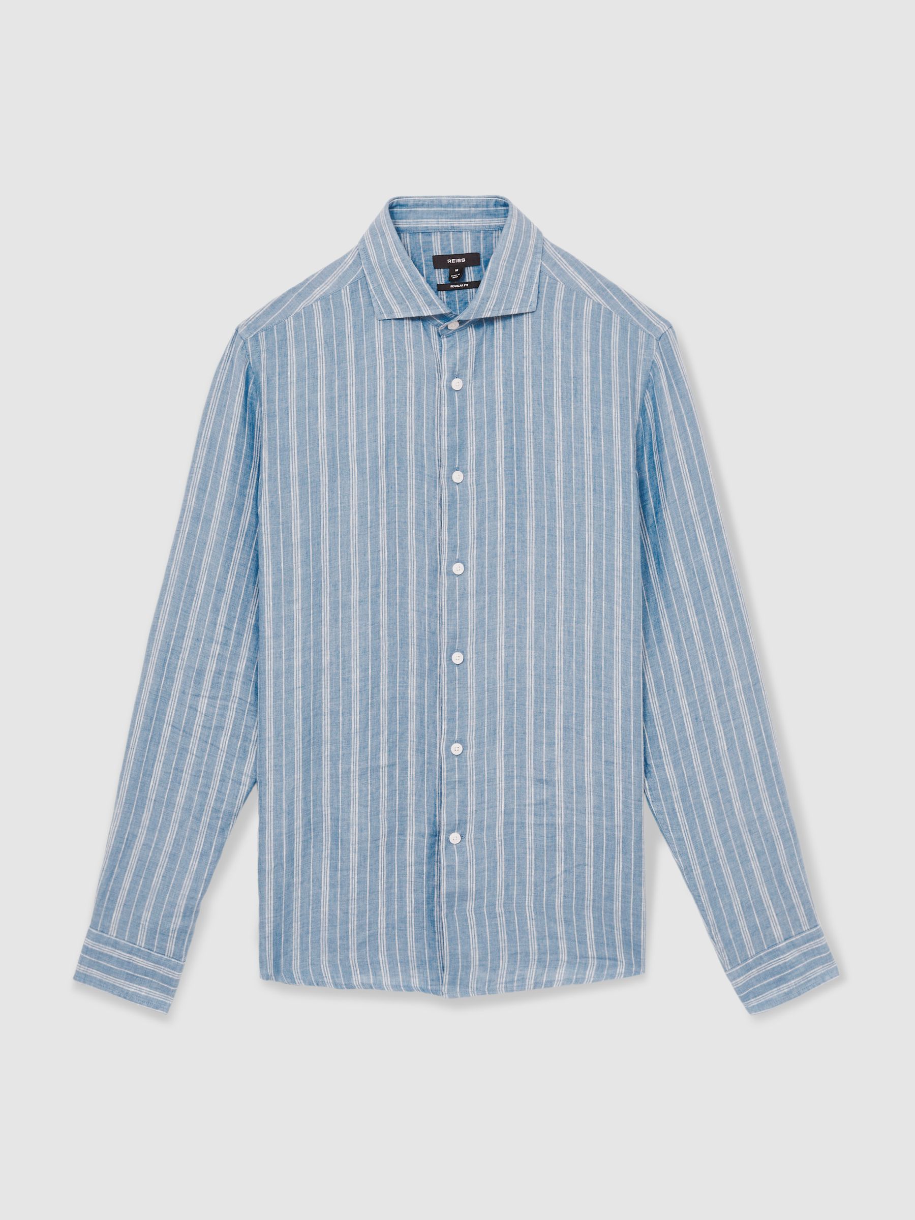 Linen Striped Long Sleeve Shirt in Airforce Blue/White Bengal Stripe