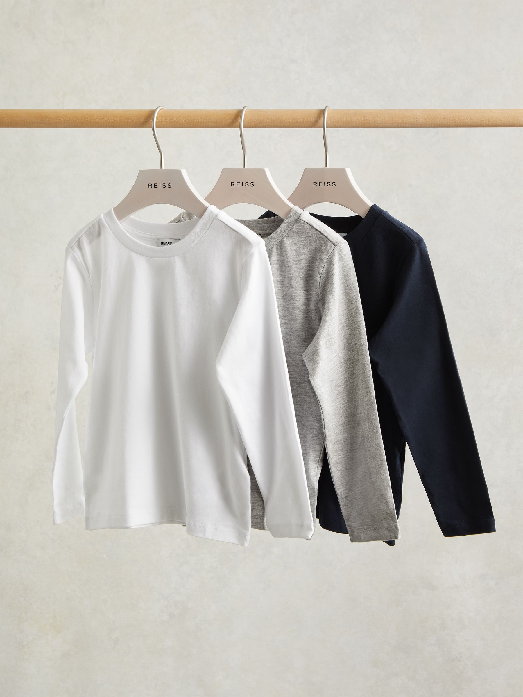 3-9 yrs Cotton Jersey Long Sleeve T-Shirts 3 Pack in White/Soft Grey/Navy