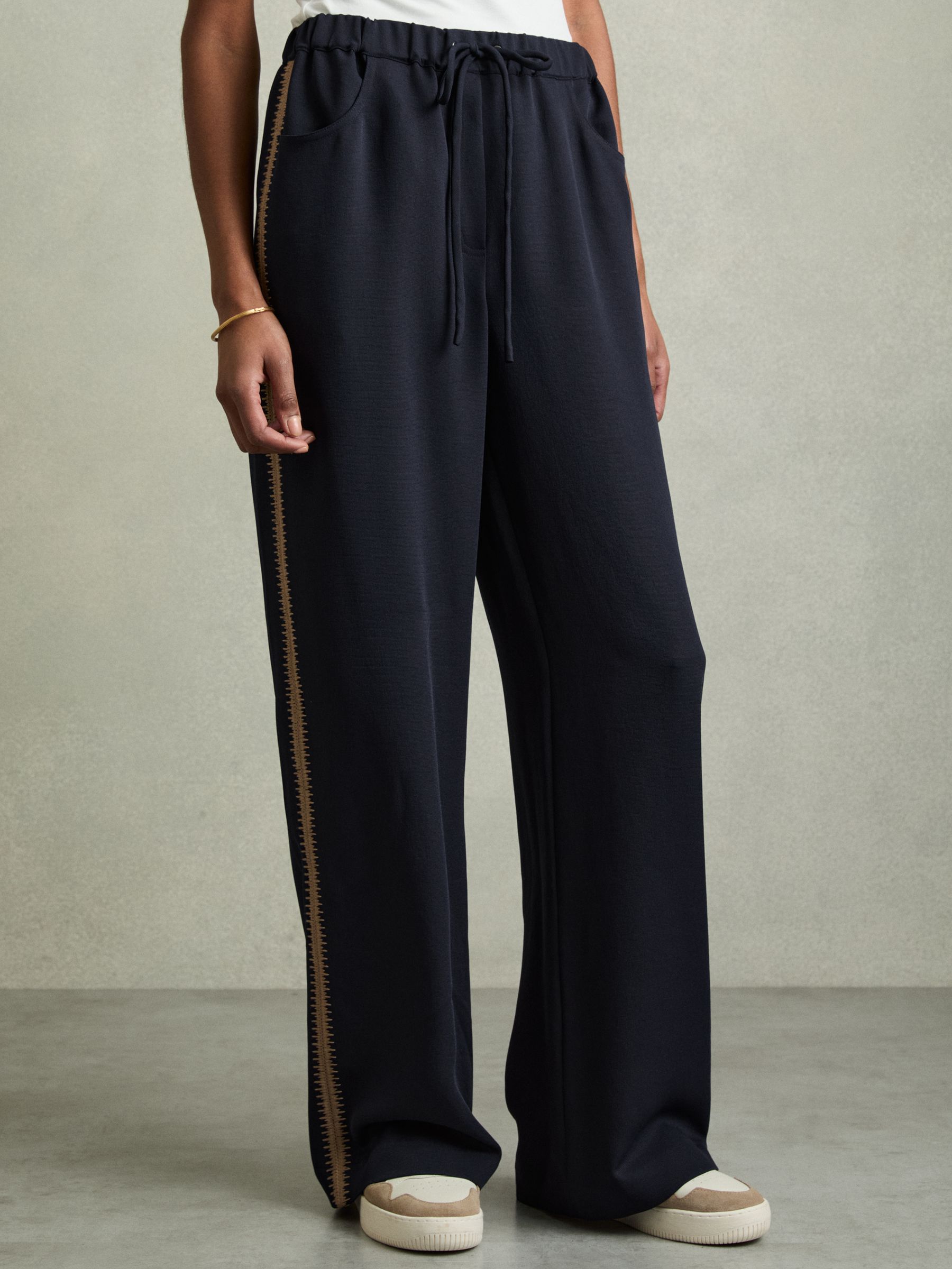 Petite Wide-Leg Embroidered Trousers in Navy