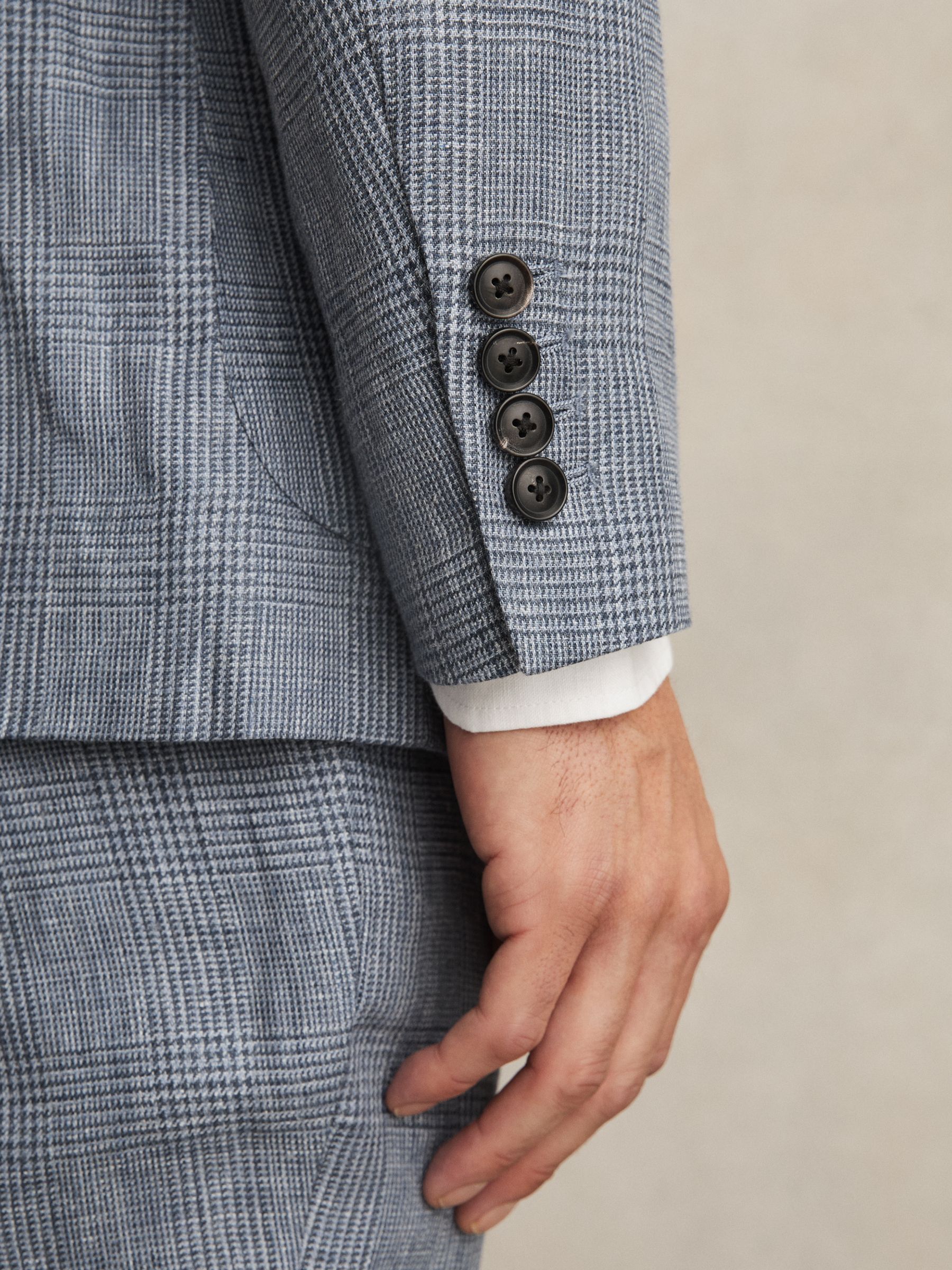 Slim Fit Single Breasted Linen Check Suit Blazer in Soft Blue