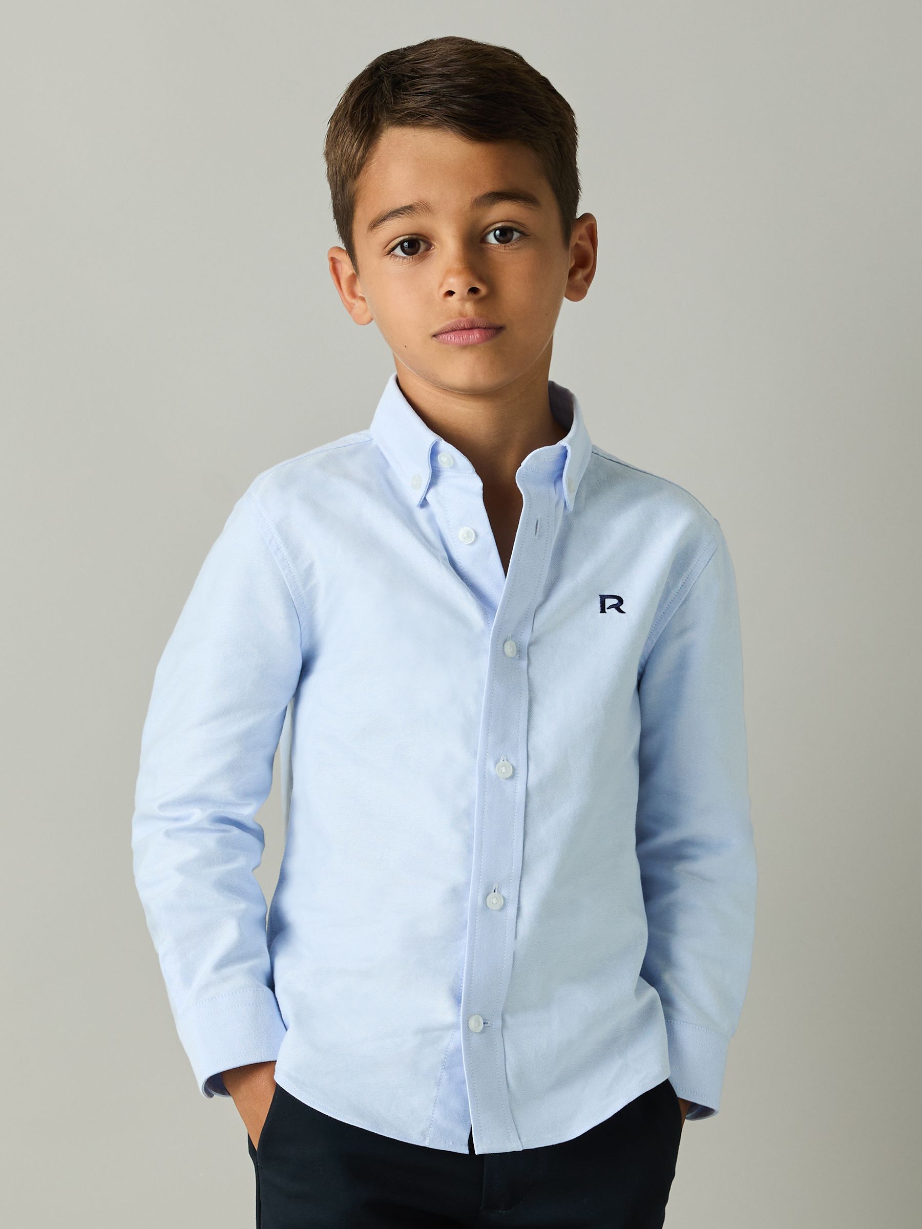 3-9 yrs Cotton-Oxford Embroidered Button-down Shirt in Soft Blue/Navy