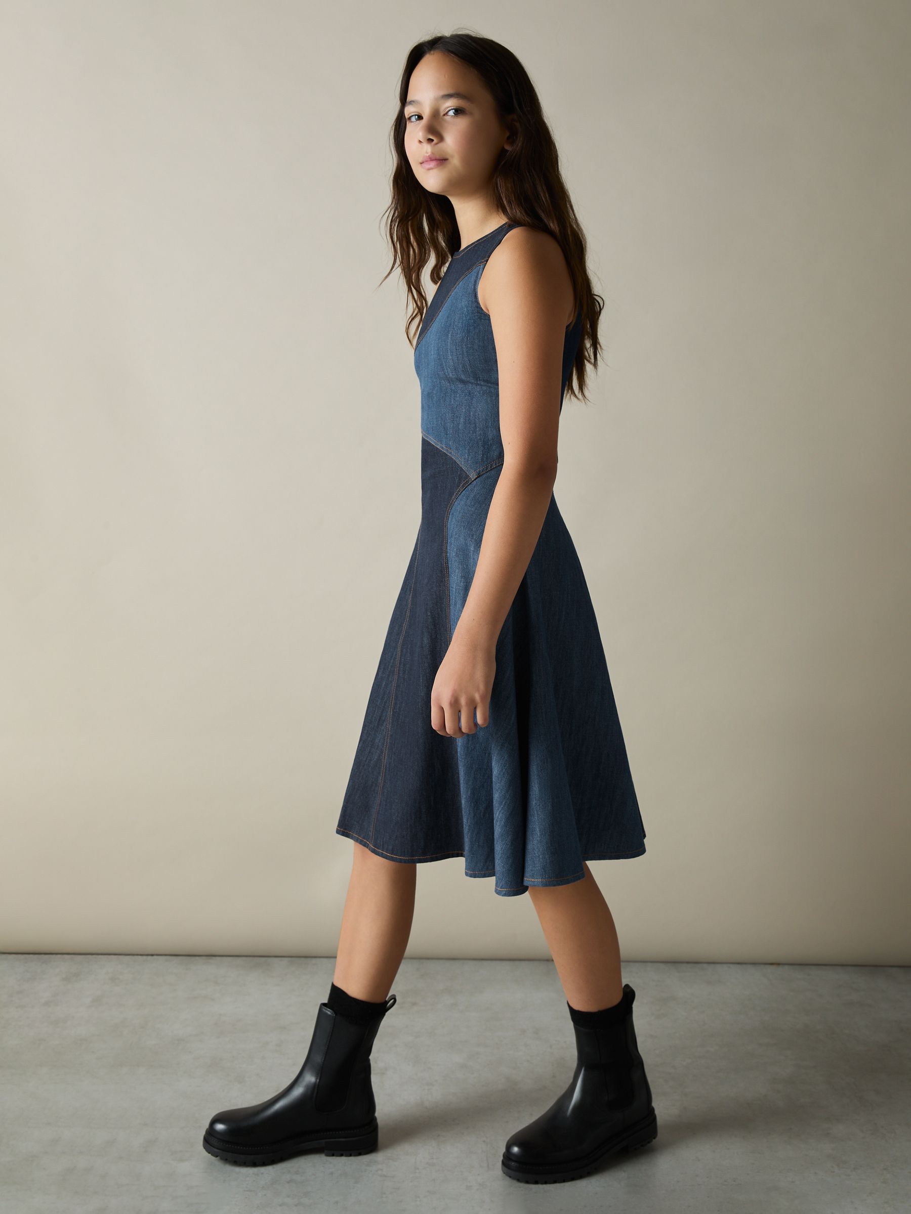 13-14 yrs Patchwork Chambray Midi Dress in Blue
