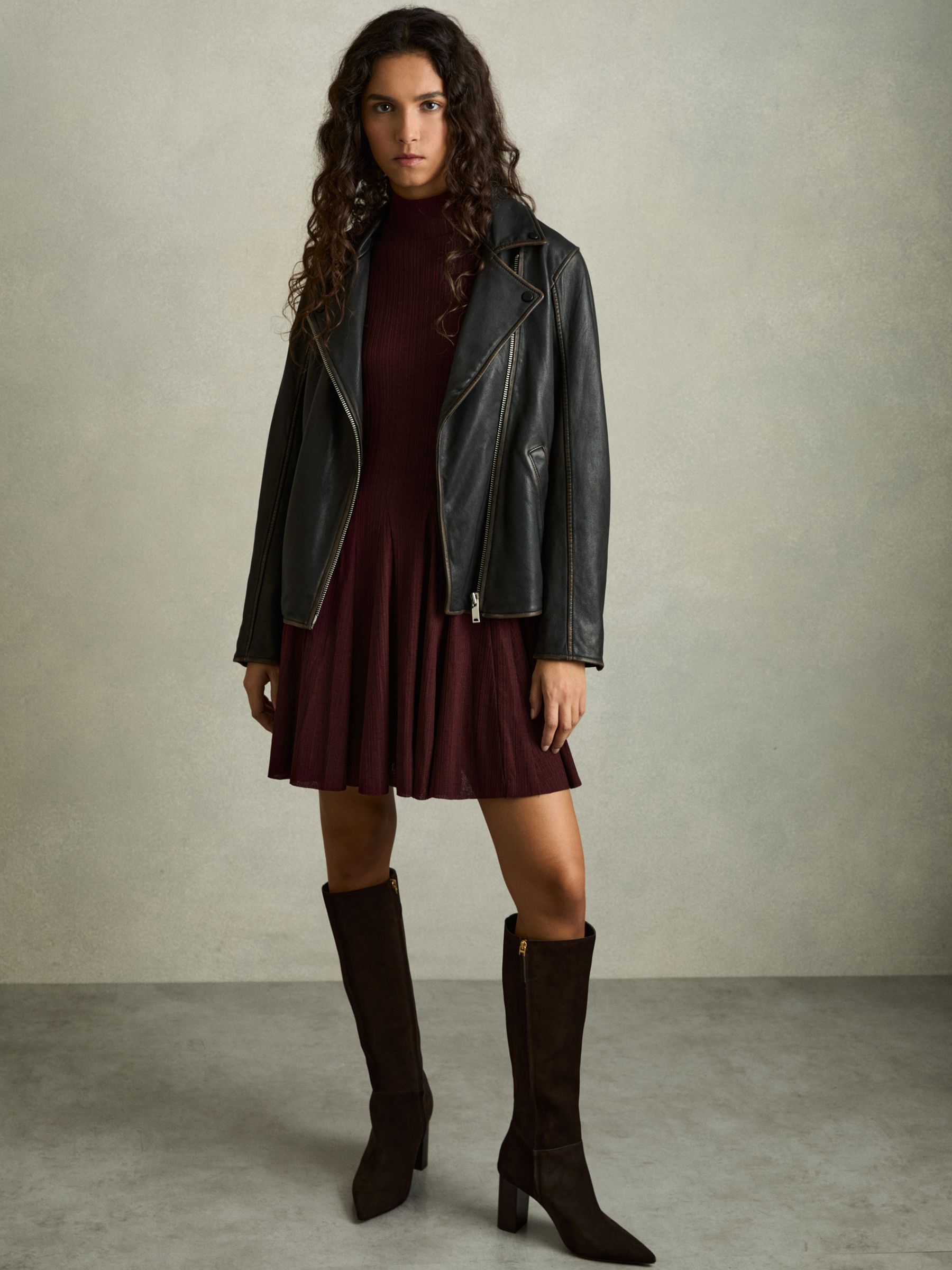 Jersey Ribbed Flared Mini Dress in Burgundy