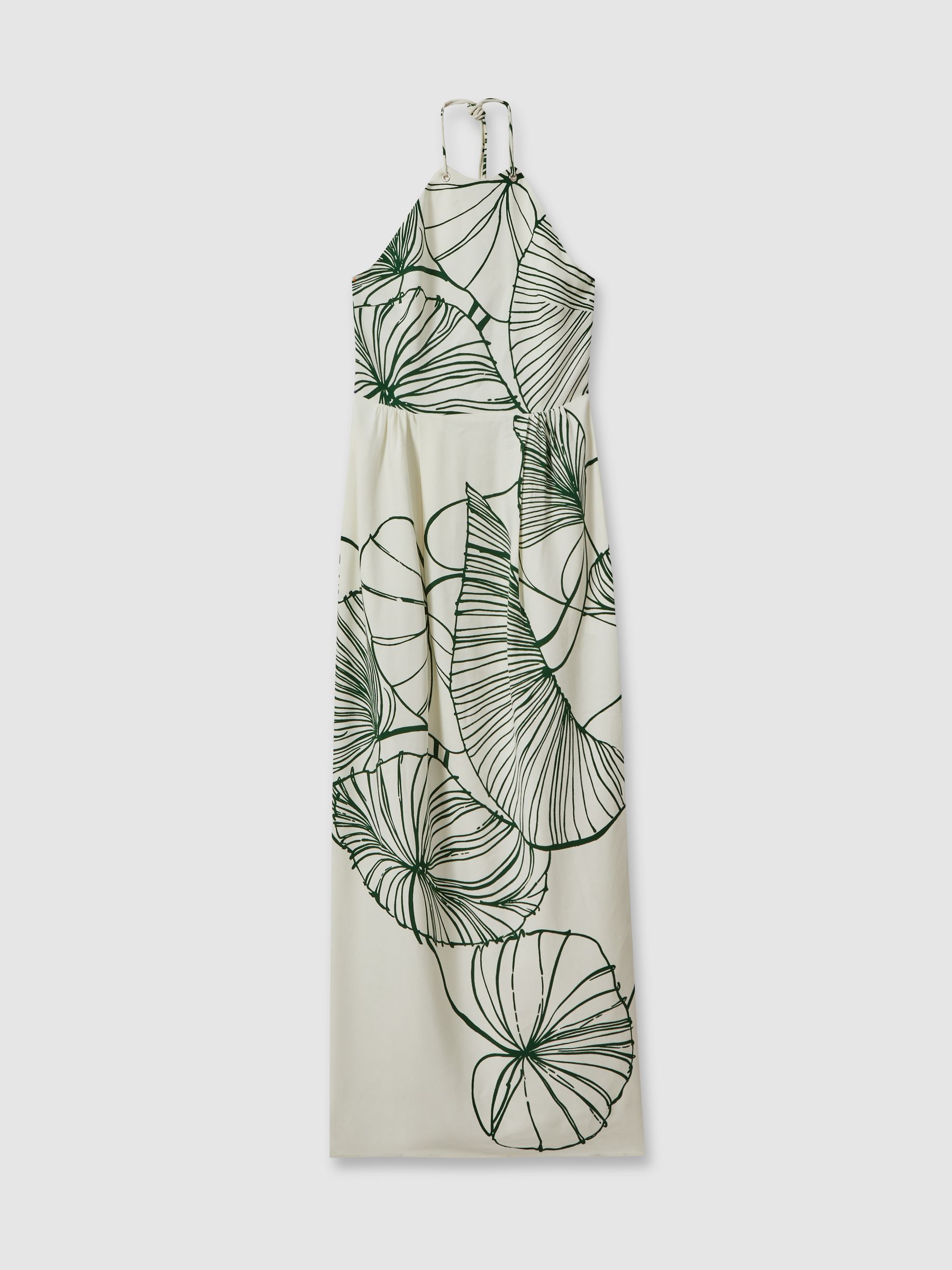 Floral Sketch Halter Neck Maxi Dress in White/Green