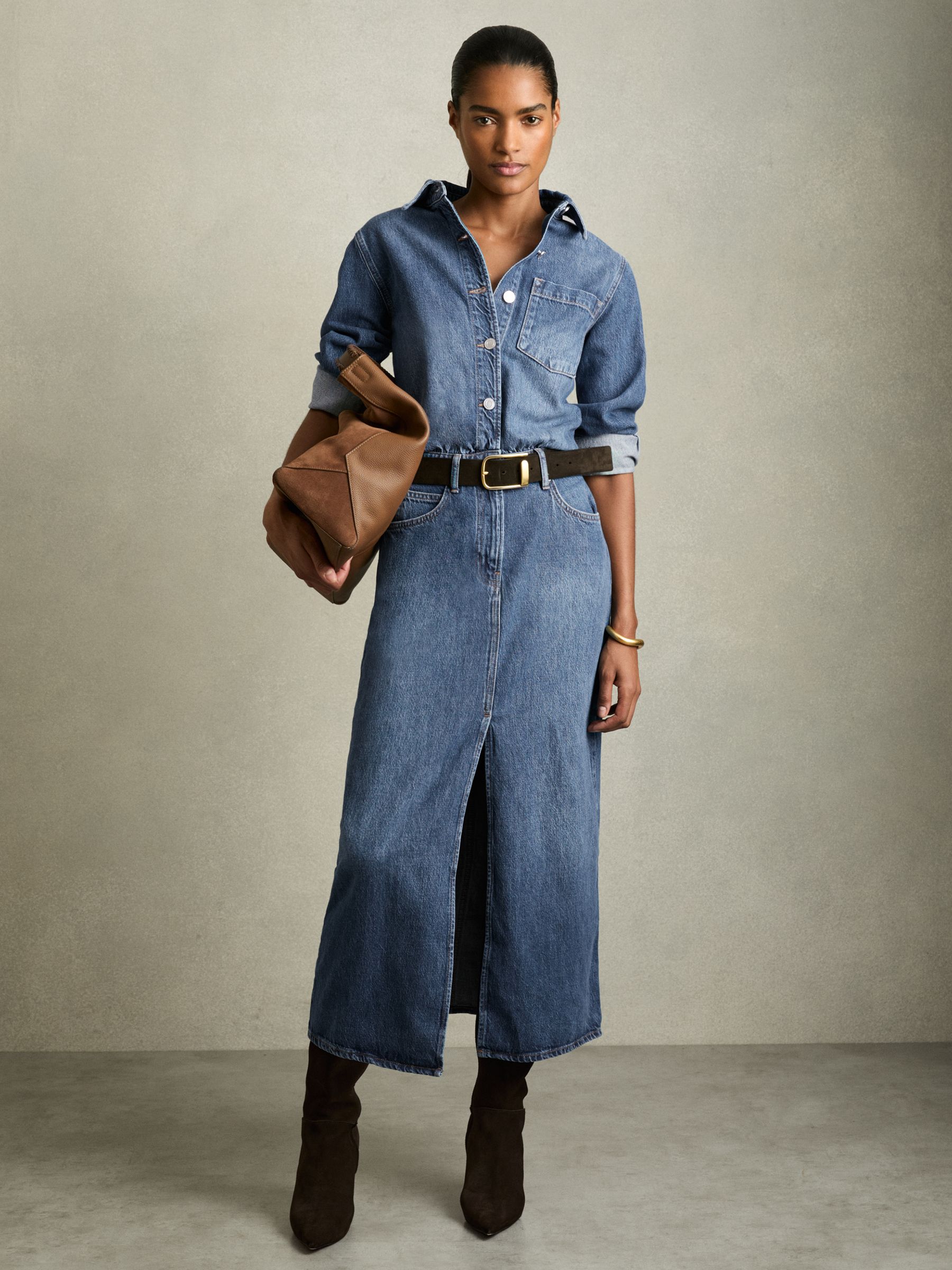 Petite Denim Button-Through Midi Dress in Indigo