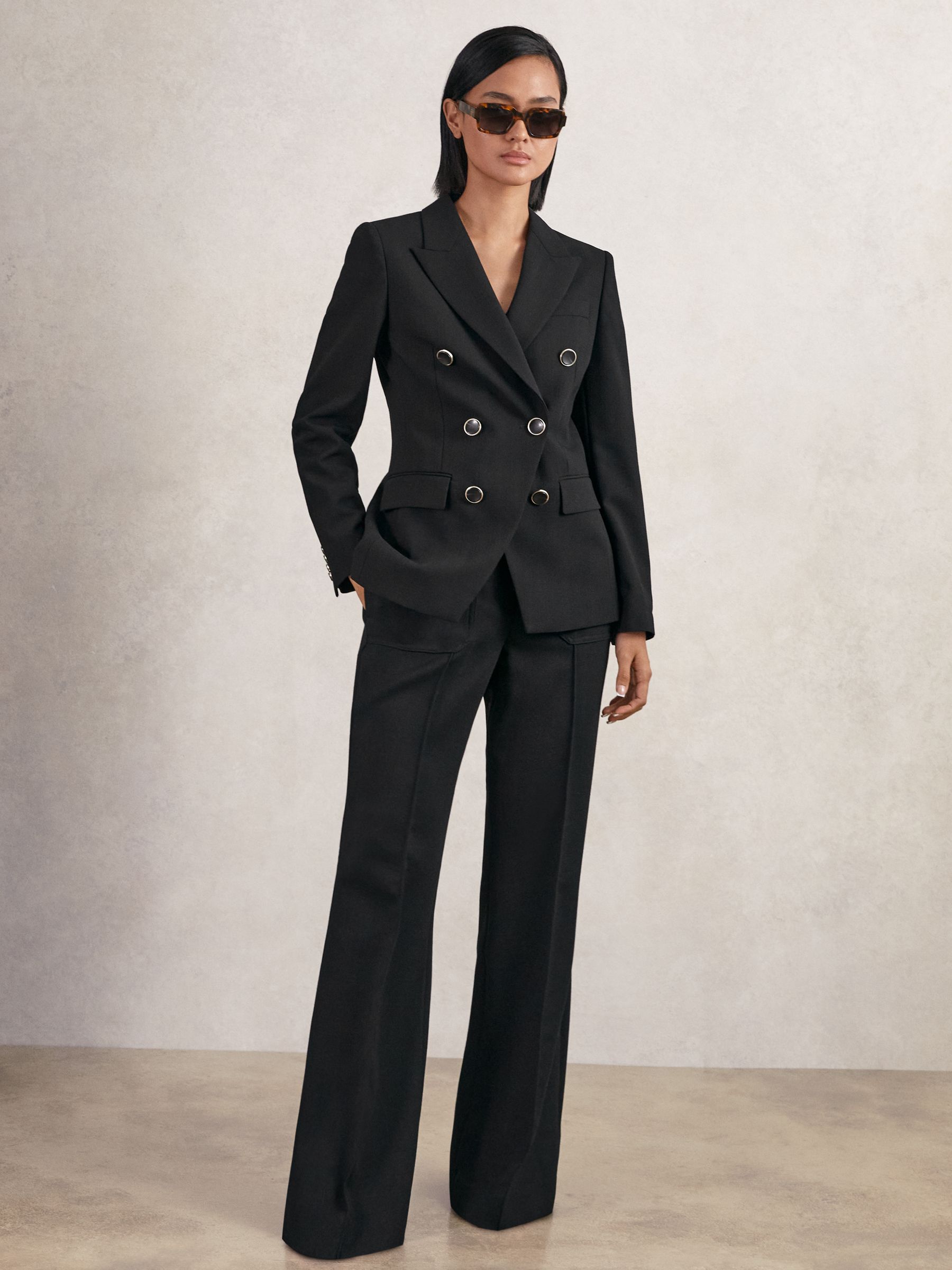 Petite Wool-Blend Double-Breasted Blazer in Black