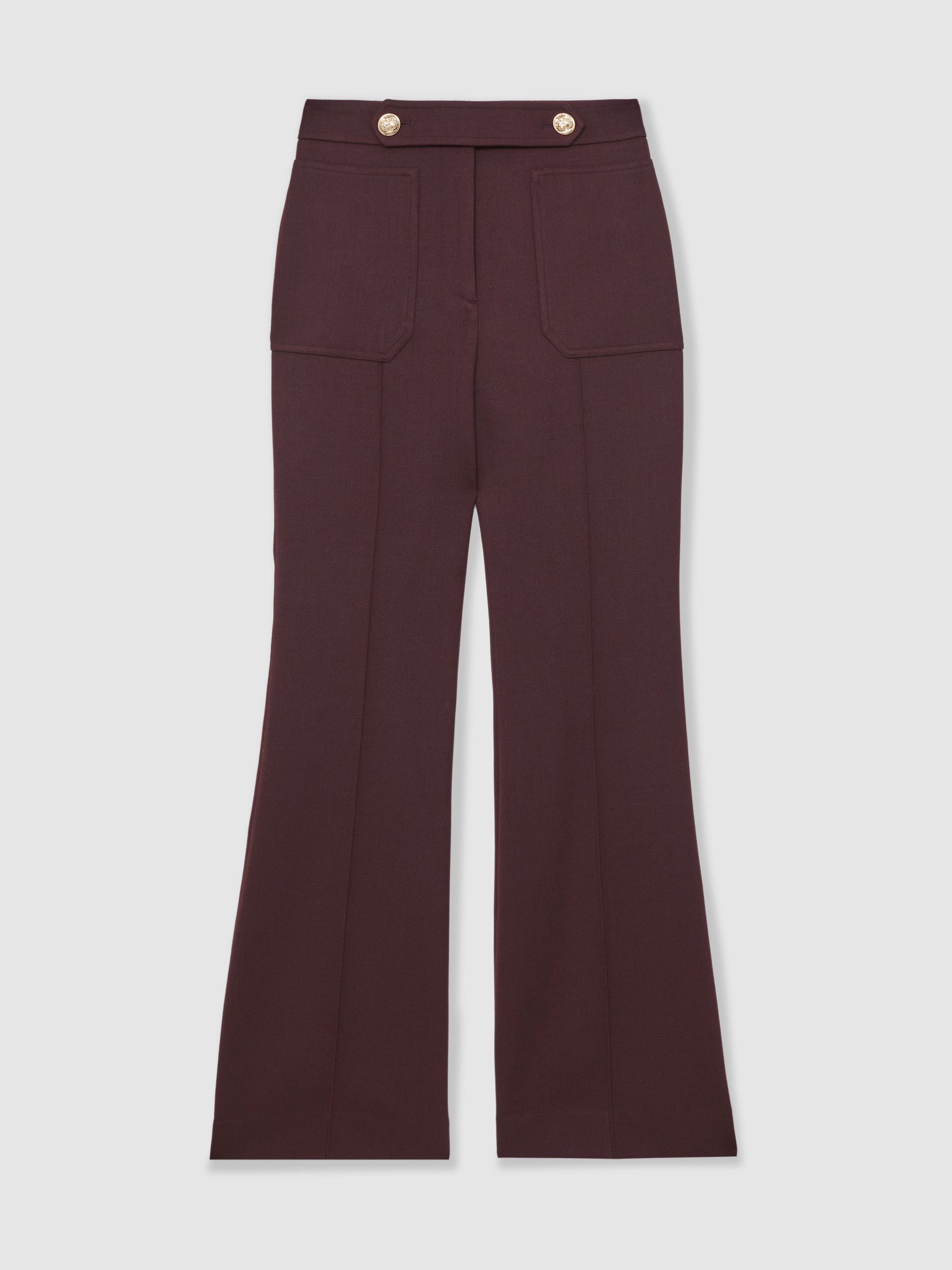 Petite Twill Button-Tab Flared Trousers With Wool in Burgundy