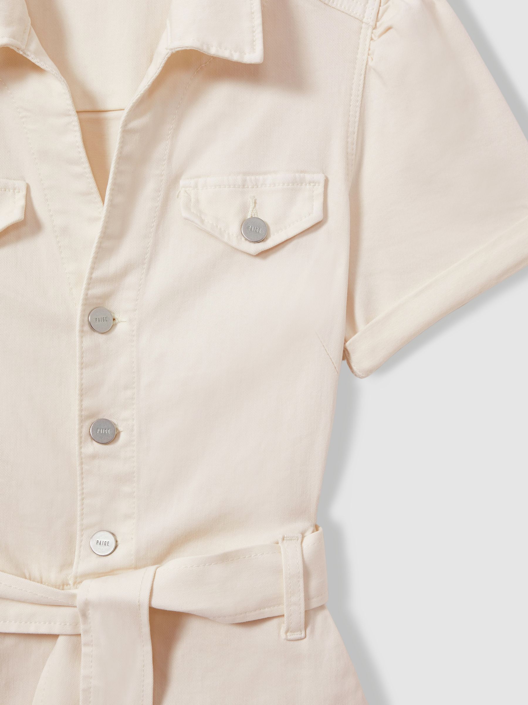 Paige Denim Puff Sleeve Jumpsuit in Sand