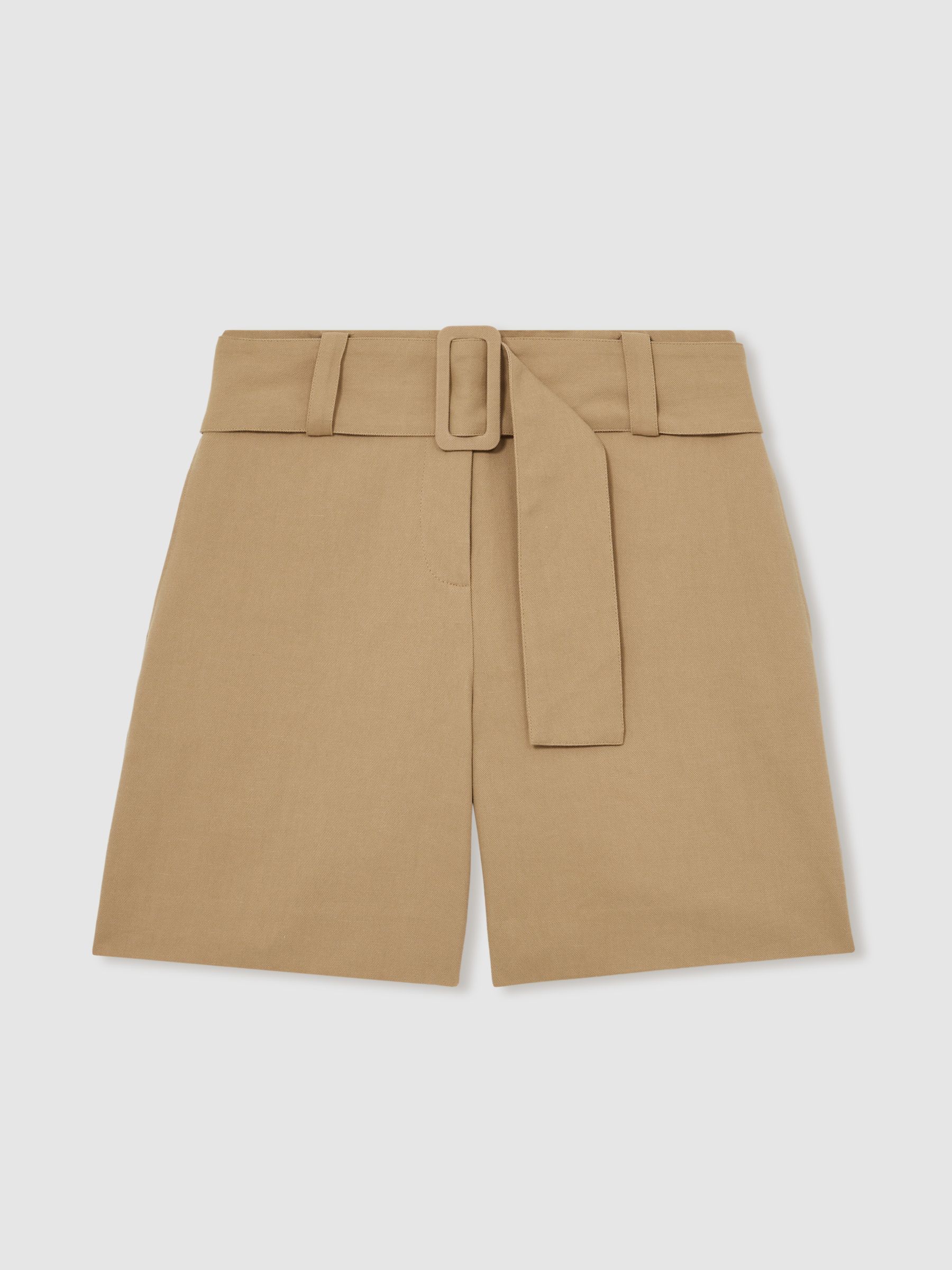 Cotton-Blend Belted Shorts With Linen in Camel