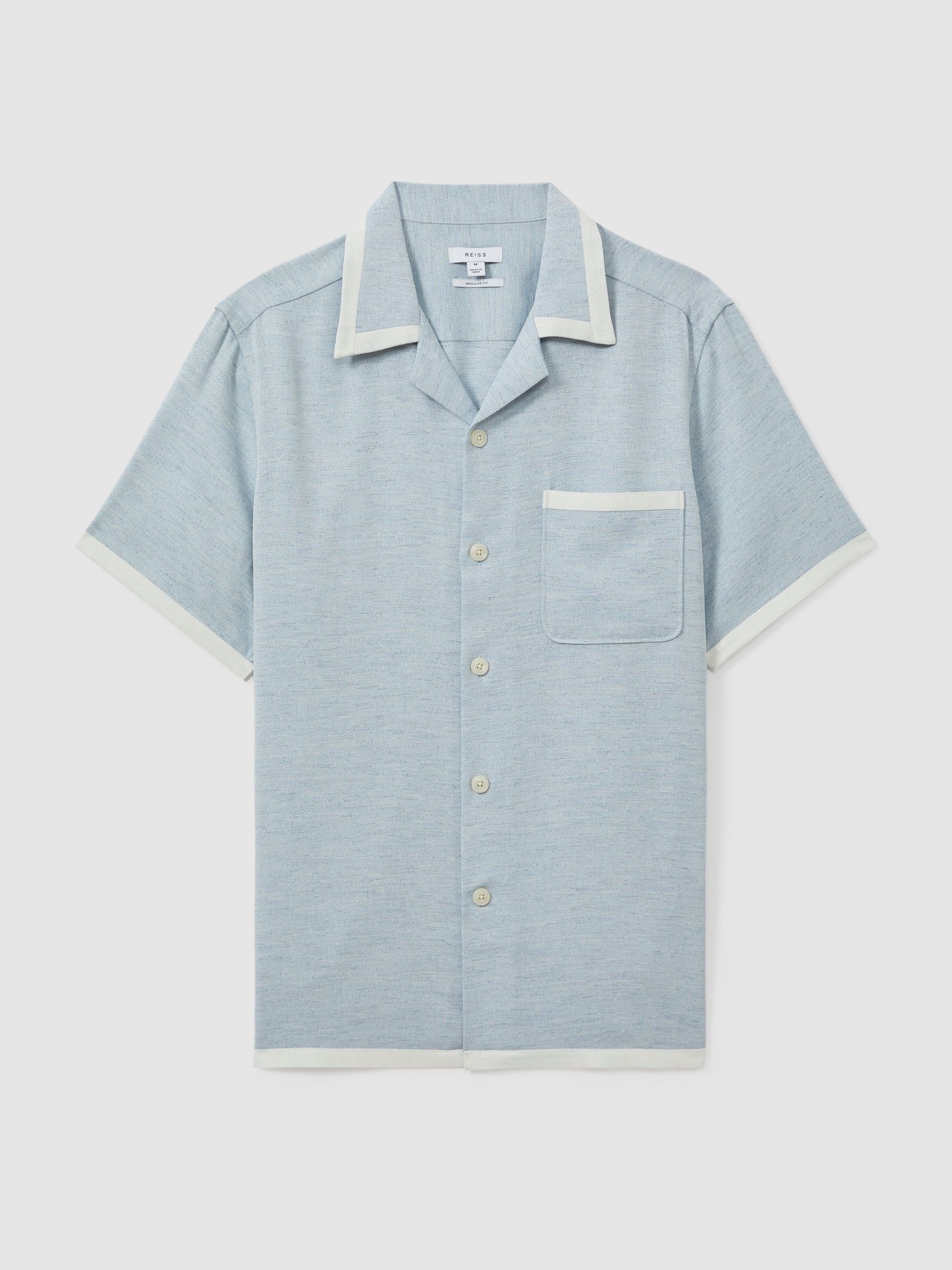 Contrast Trim Cuban Collar Shirt in Soft Blue/White
