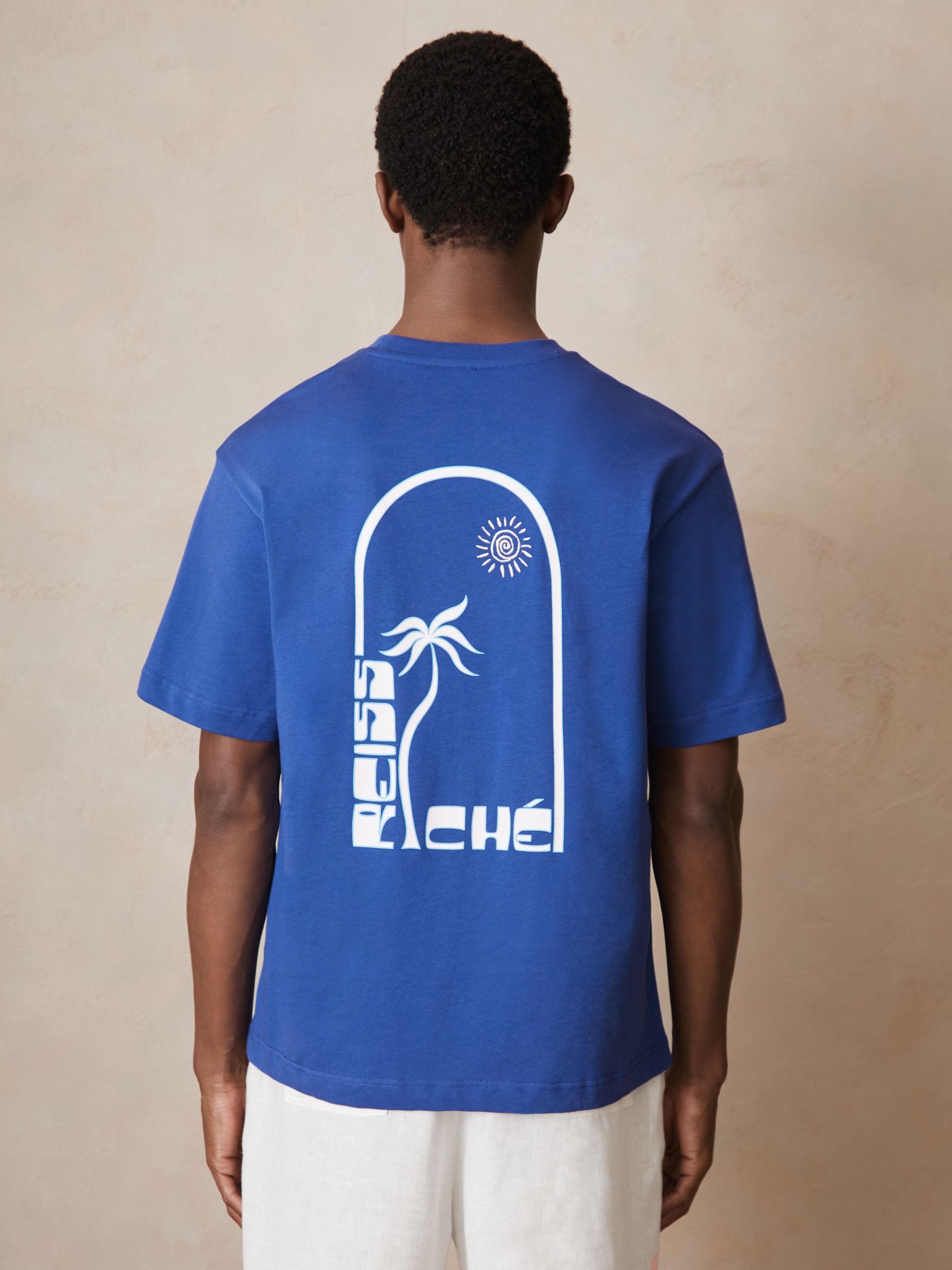 Reiss | Ché Cotton Palm-Print T-Shirt in Blue