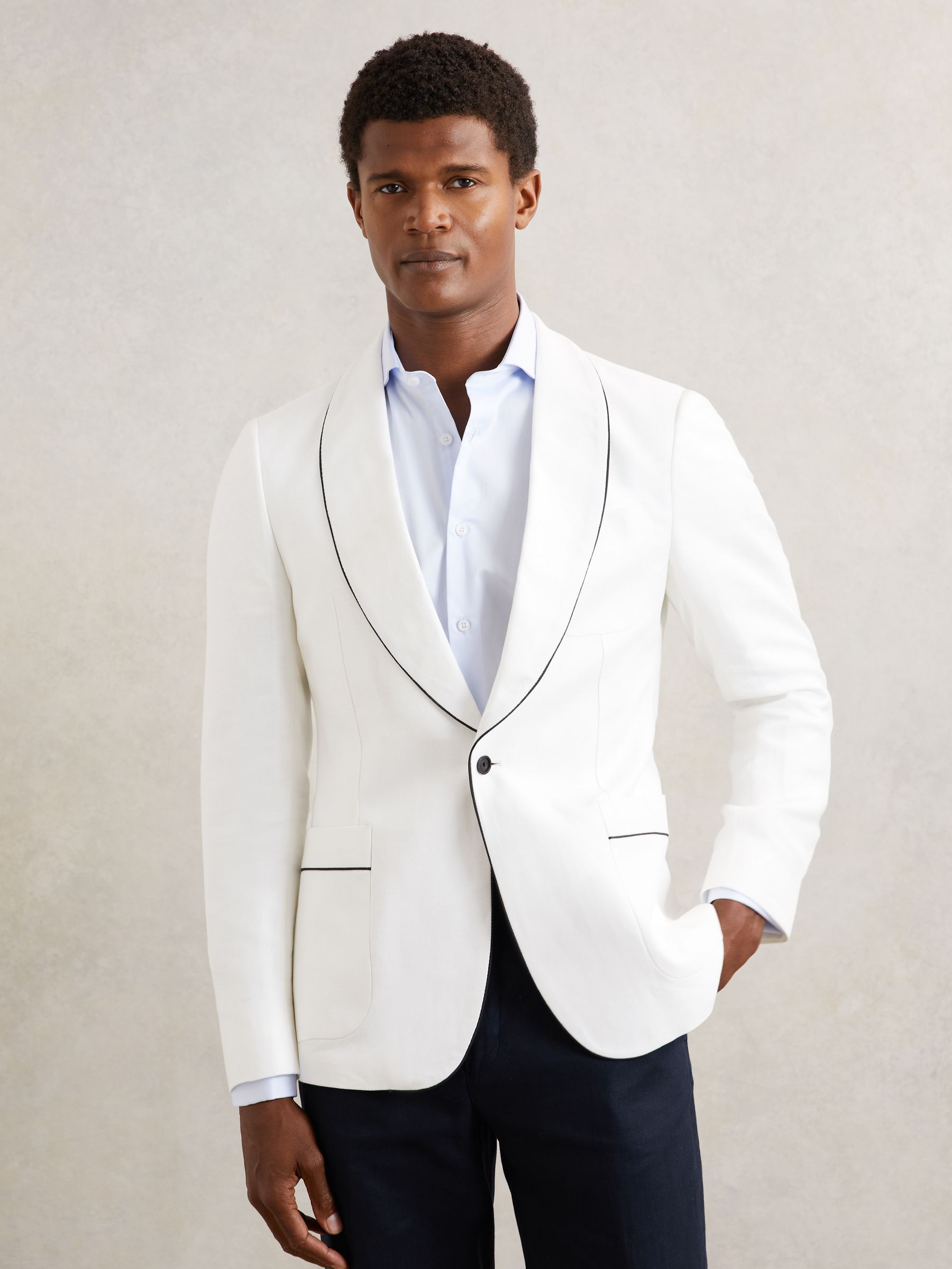 Single-Breasted Blazer with Linen in Ivory White