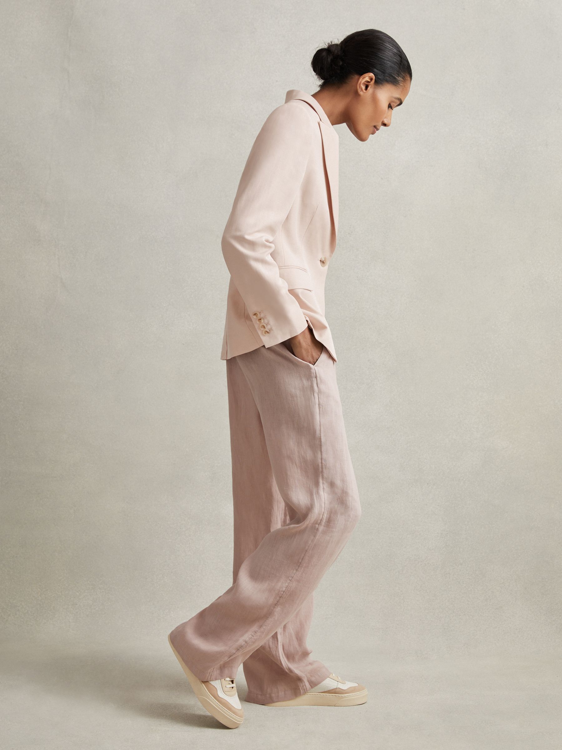 Garment Dyed Wide Leg 100% Linen Trousers in Dusty Pink