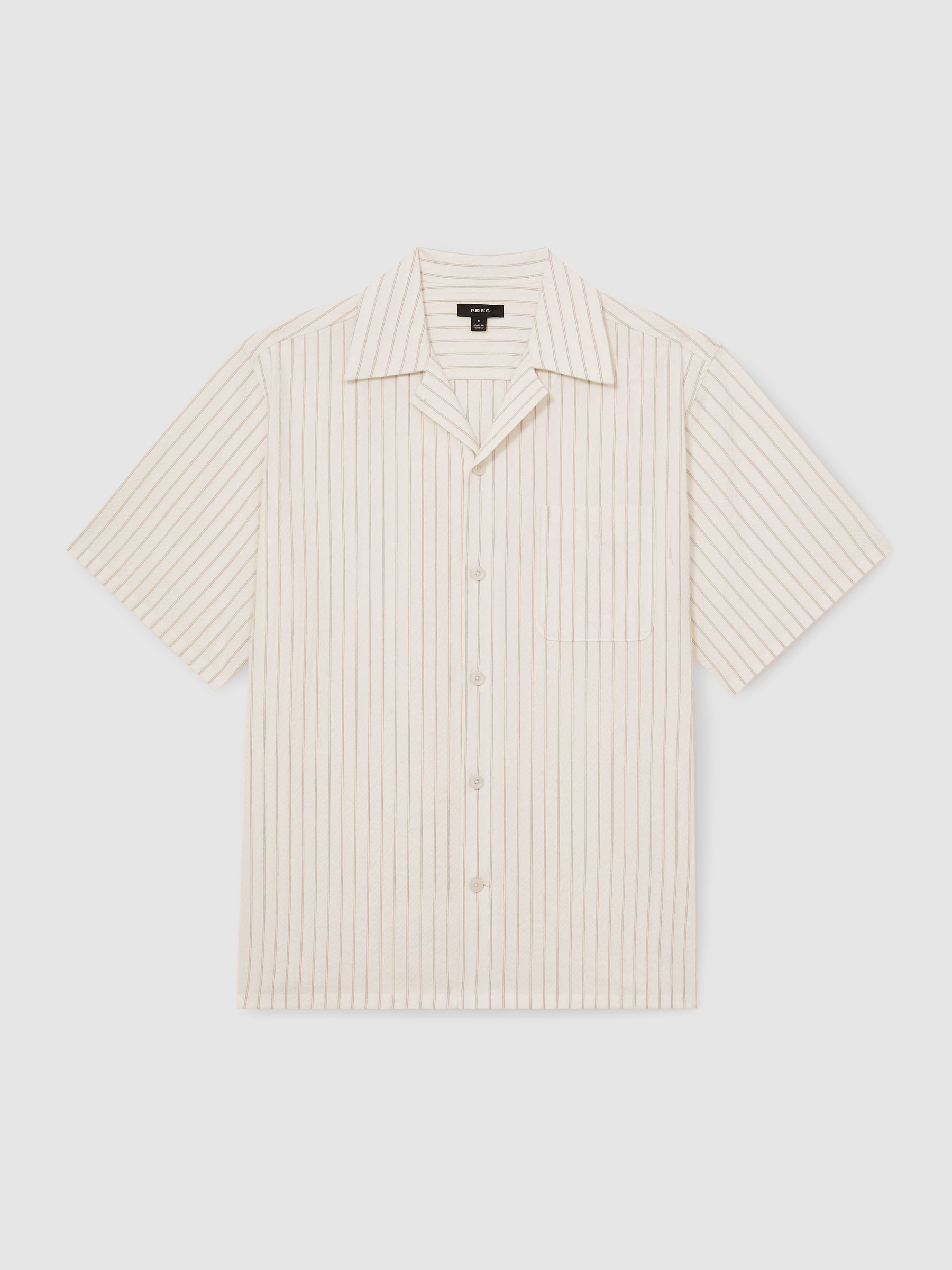 Cotton-Blend Seersucker Stripe Shirt in White/Taupe Brown