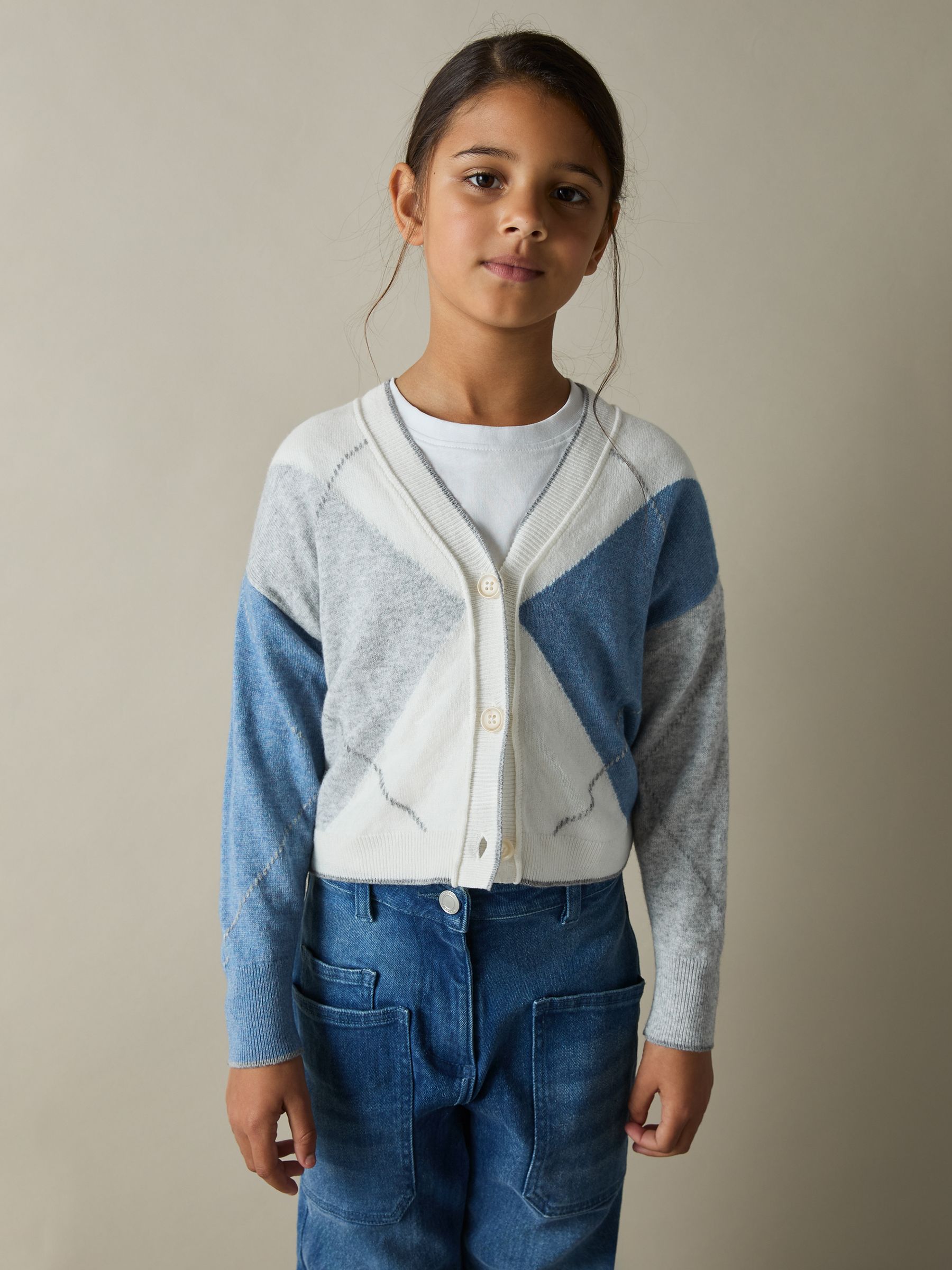 9-13 yrs Argyle Cardigan With Wool And Cashmere in Blue