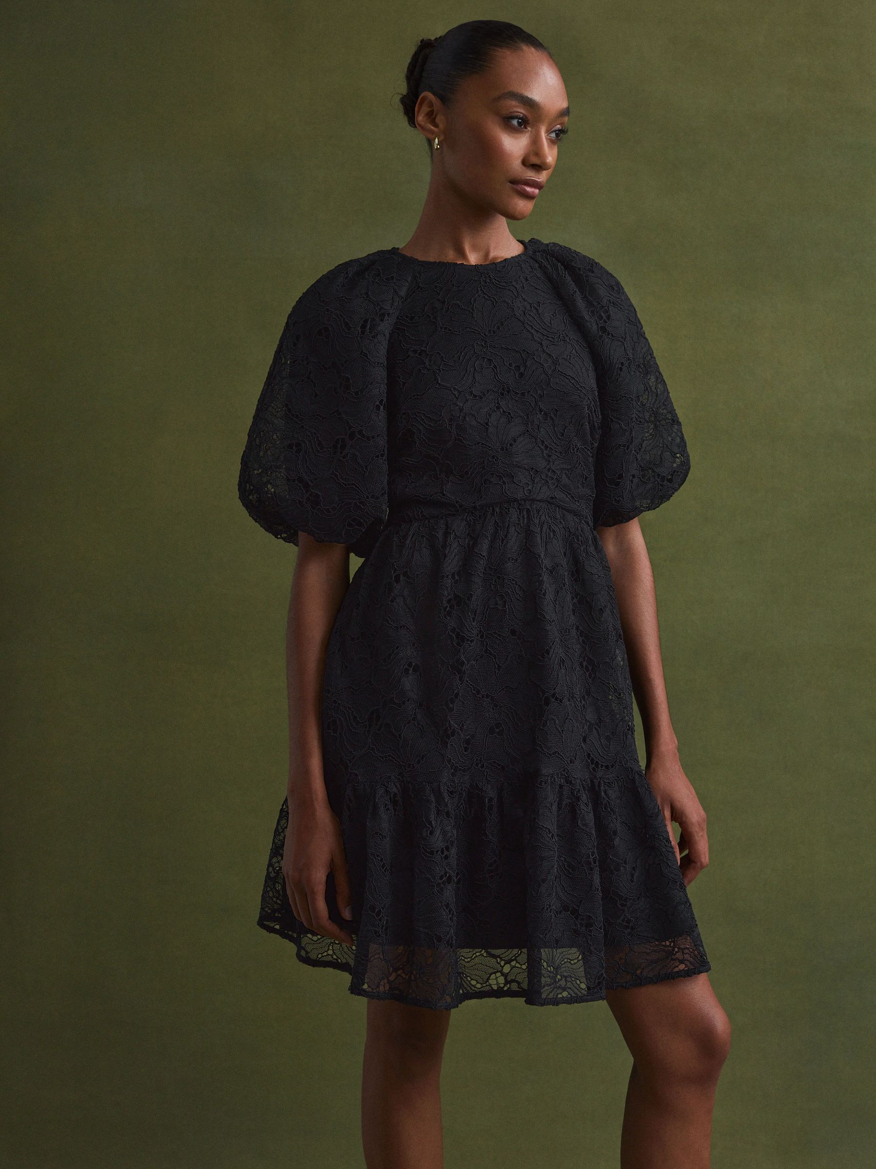 Florere Lace Puff Sleeve Mini Dress in Black