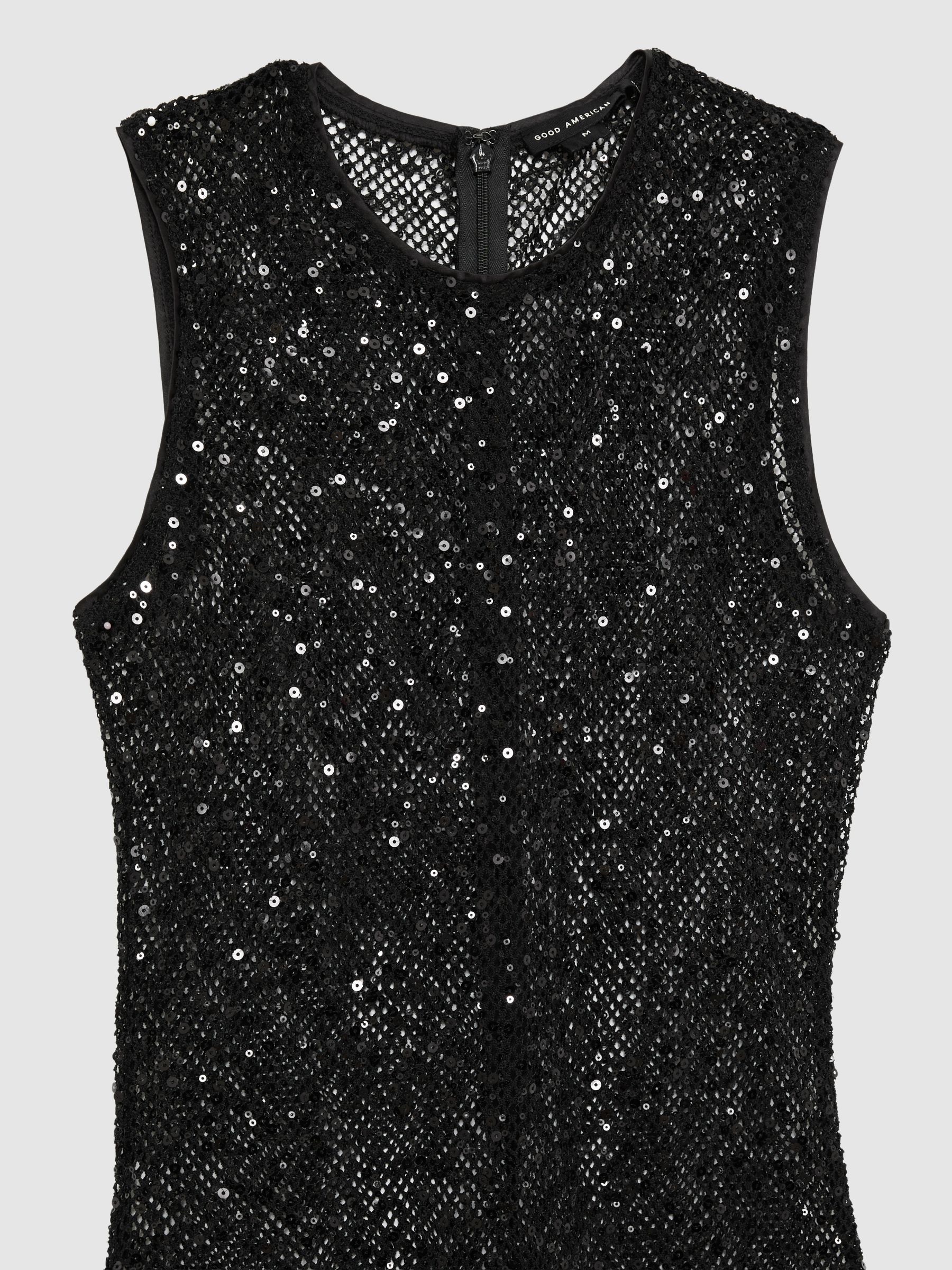 Good American Sequin Crochet Beach Cover-Up Dress in Black