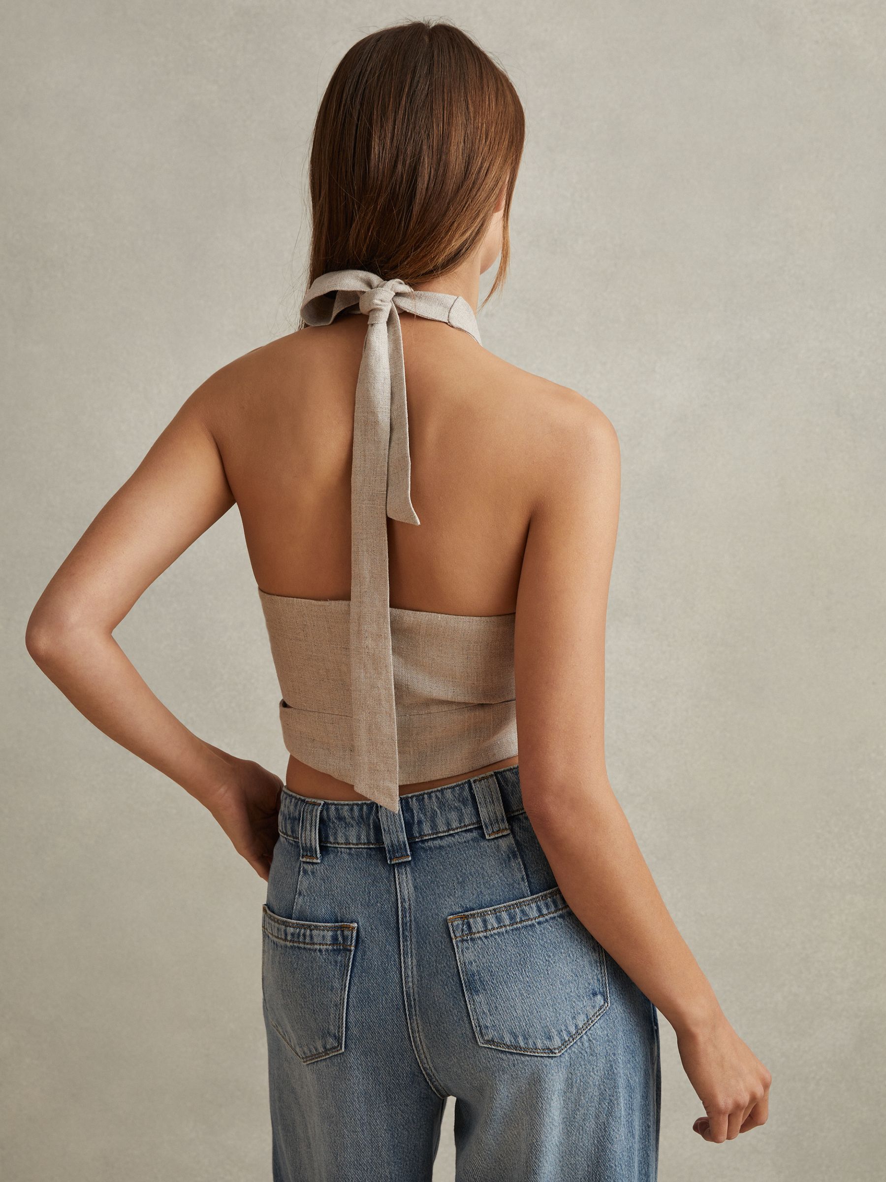 Linen Halter Neck Cropped Top in Neutral