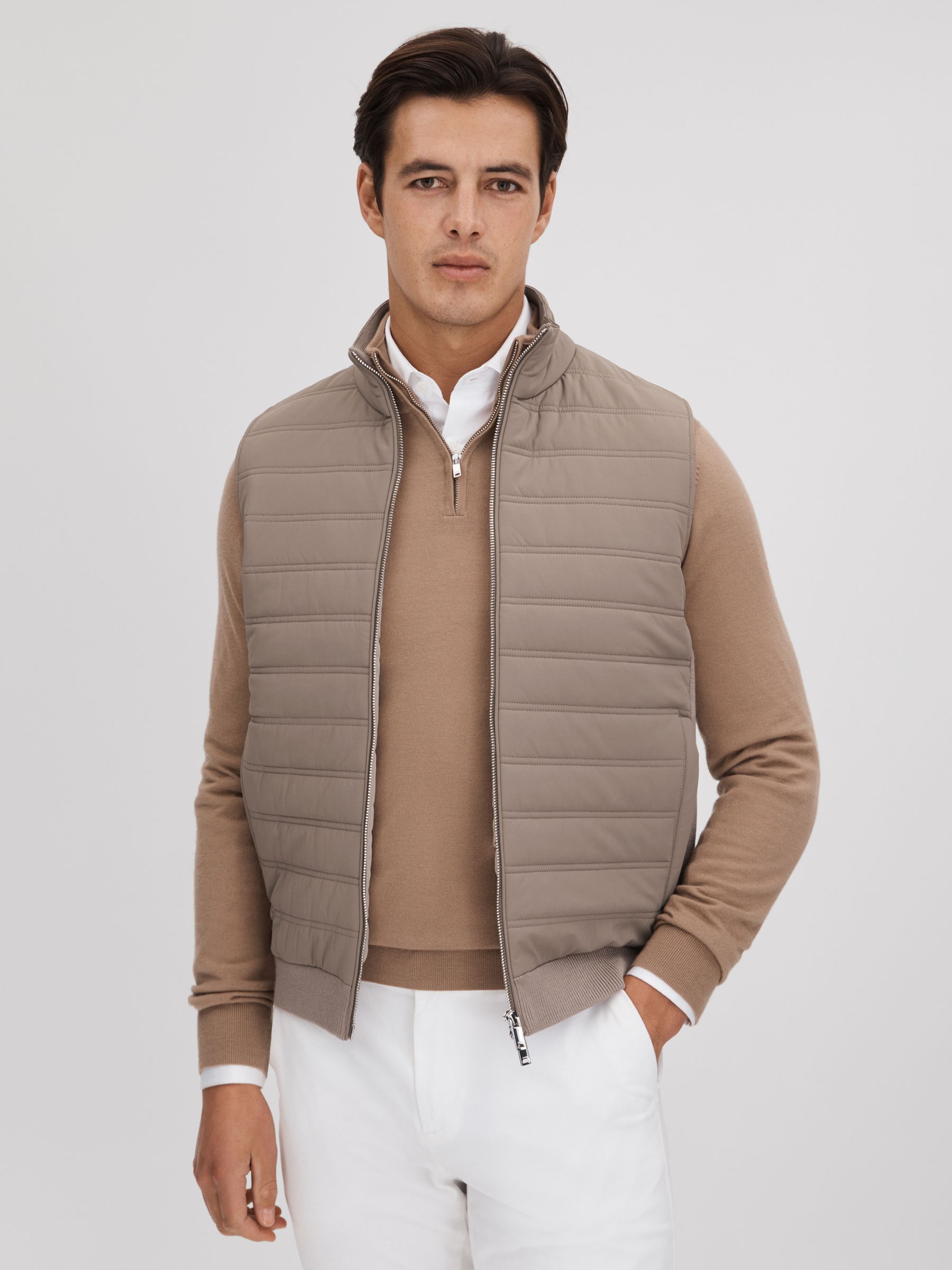 Hybrid Quilt and Knit Zip-Through Gilet in Mink