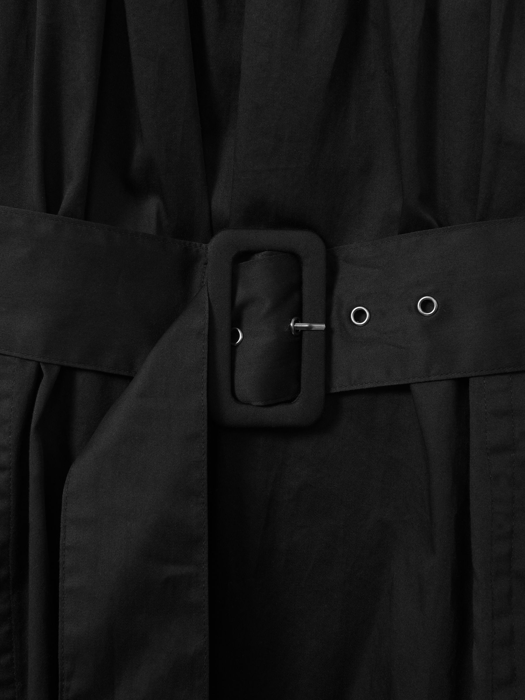 Cotton Ruched Strap Belted Midi Dress in Black