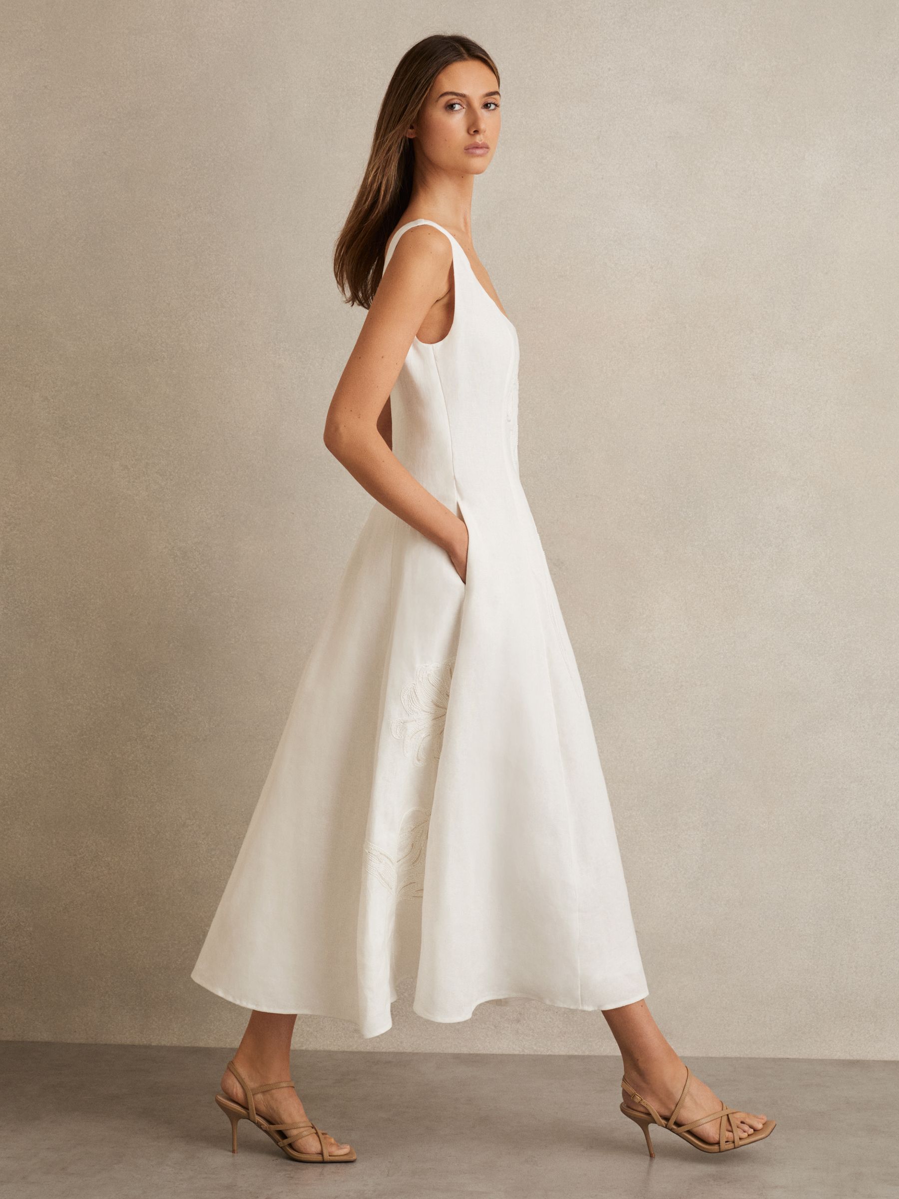 Linen Floral-Embroidered Midi Dress in Ivory