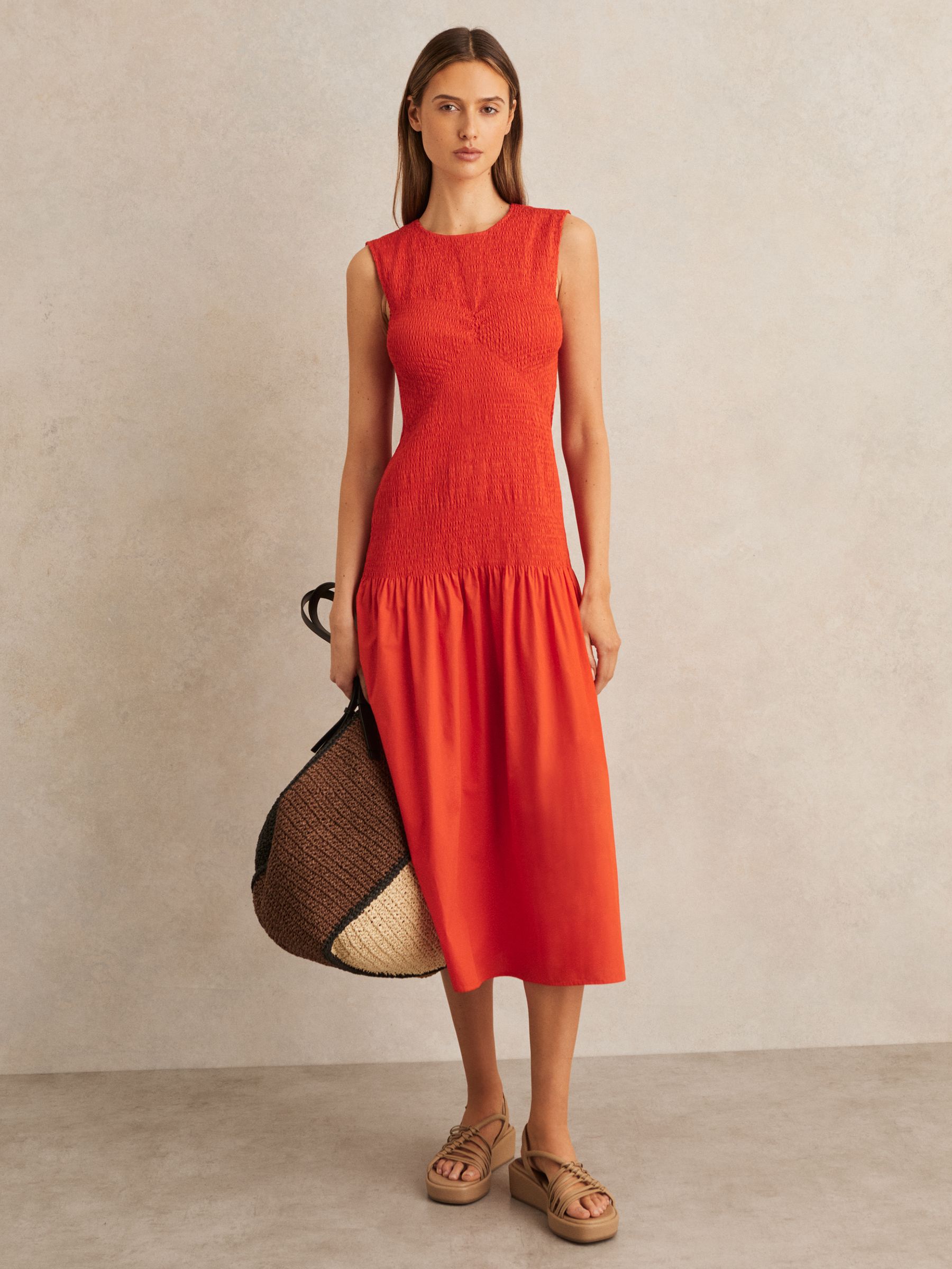 Petite Cotton Shirred Midi Dress in Red