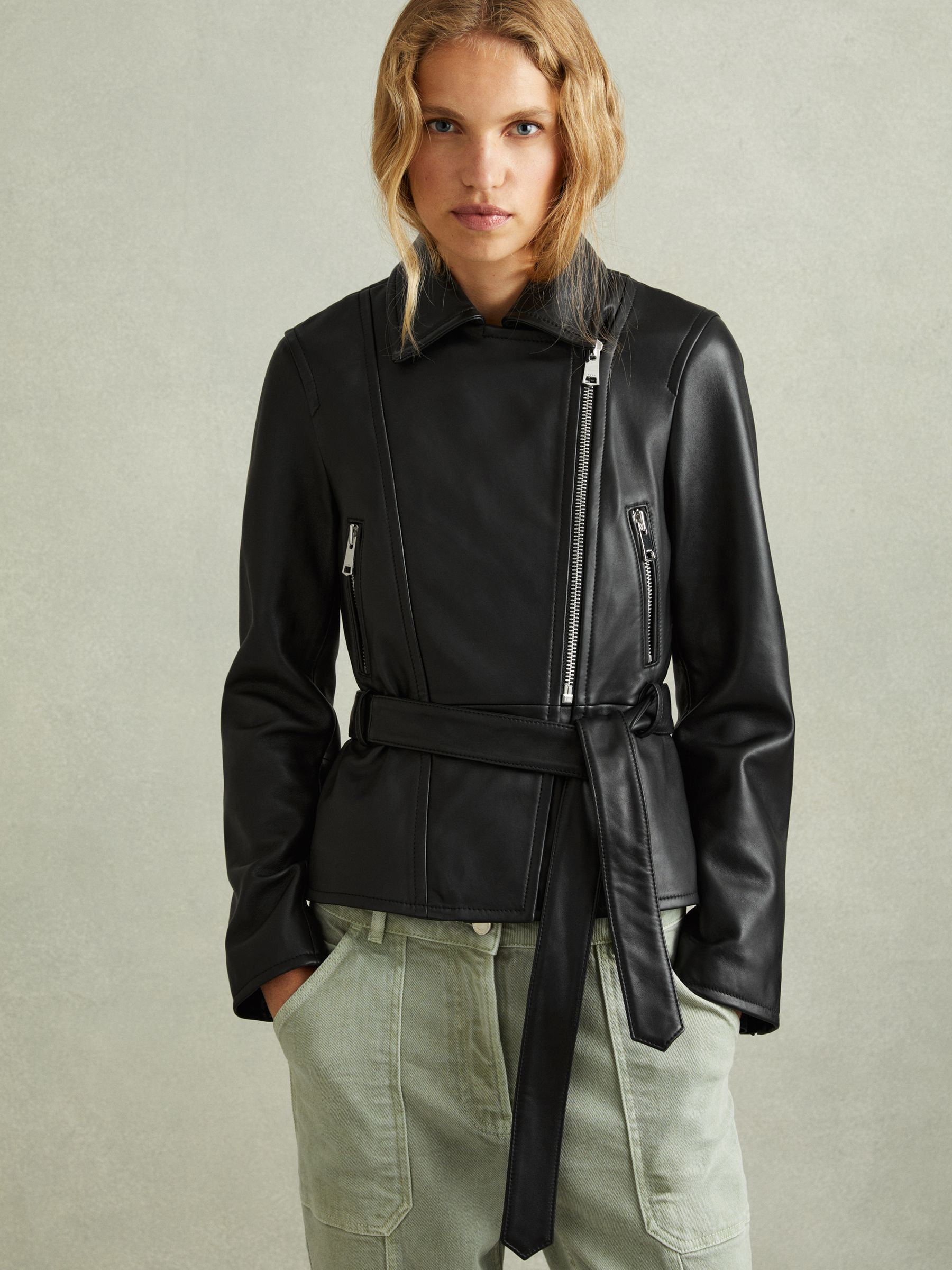 Febe Black Belted Leather Jacket