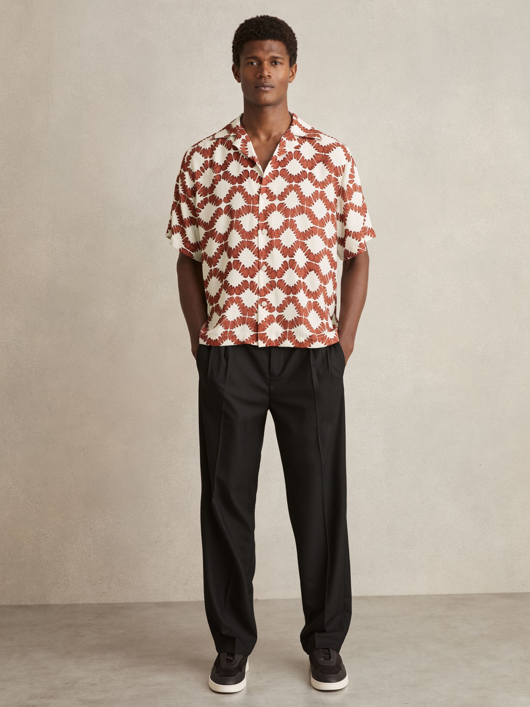 Abstract Floral Print Cuban Shirt in Off White/Rust