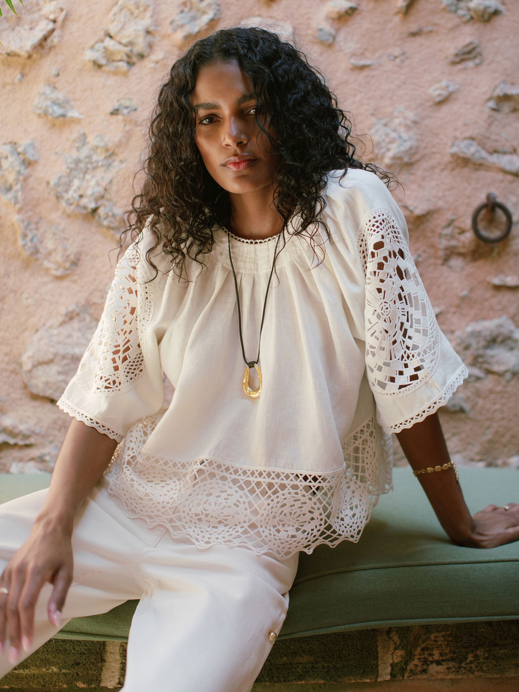 Linen Embroidered Swing Top in Ivory