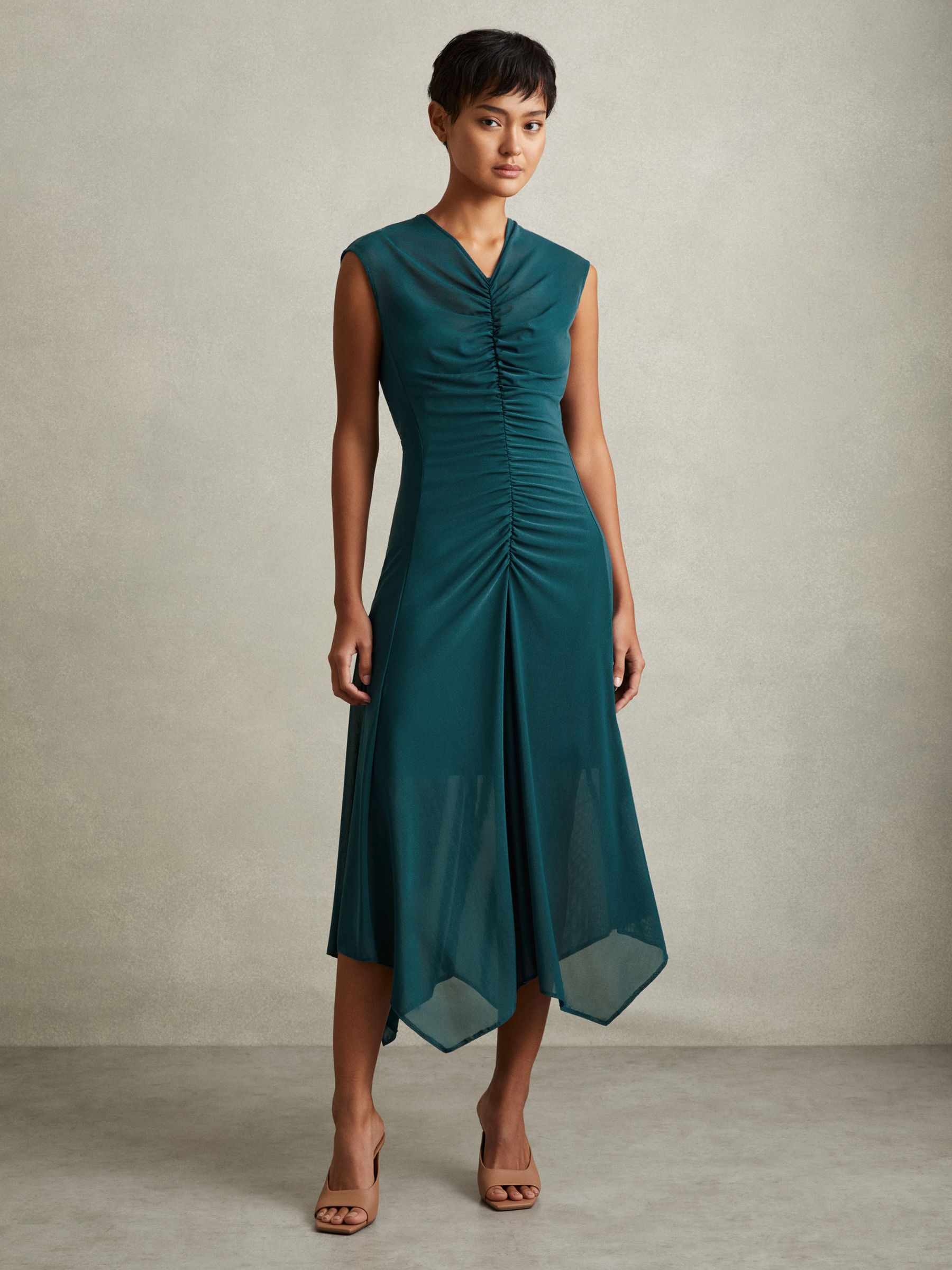 Mesh Ruched Midi Dress in Teal