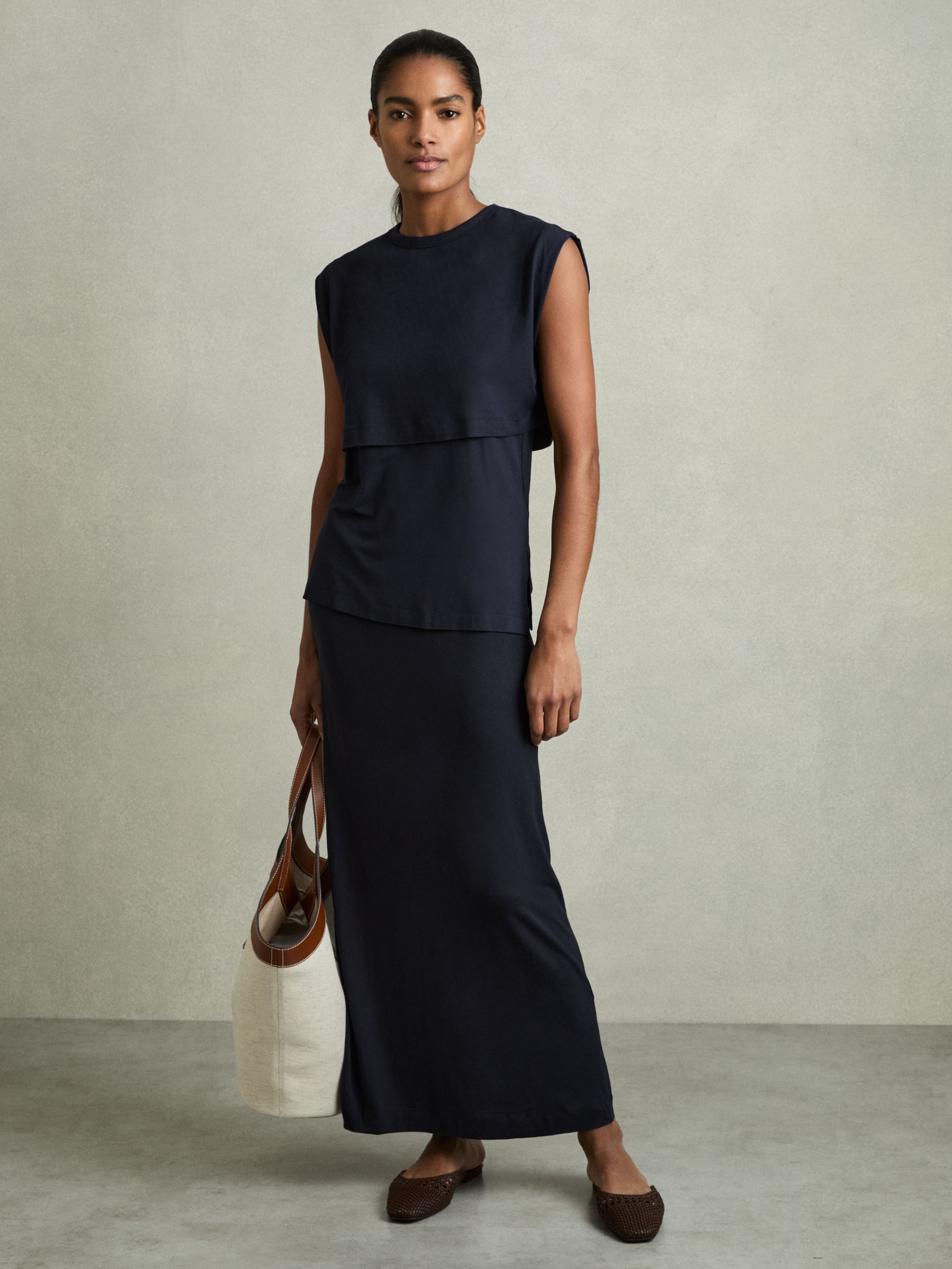 Jersey Straight Maxi Skirt in Navy