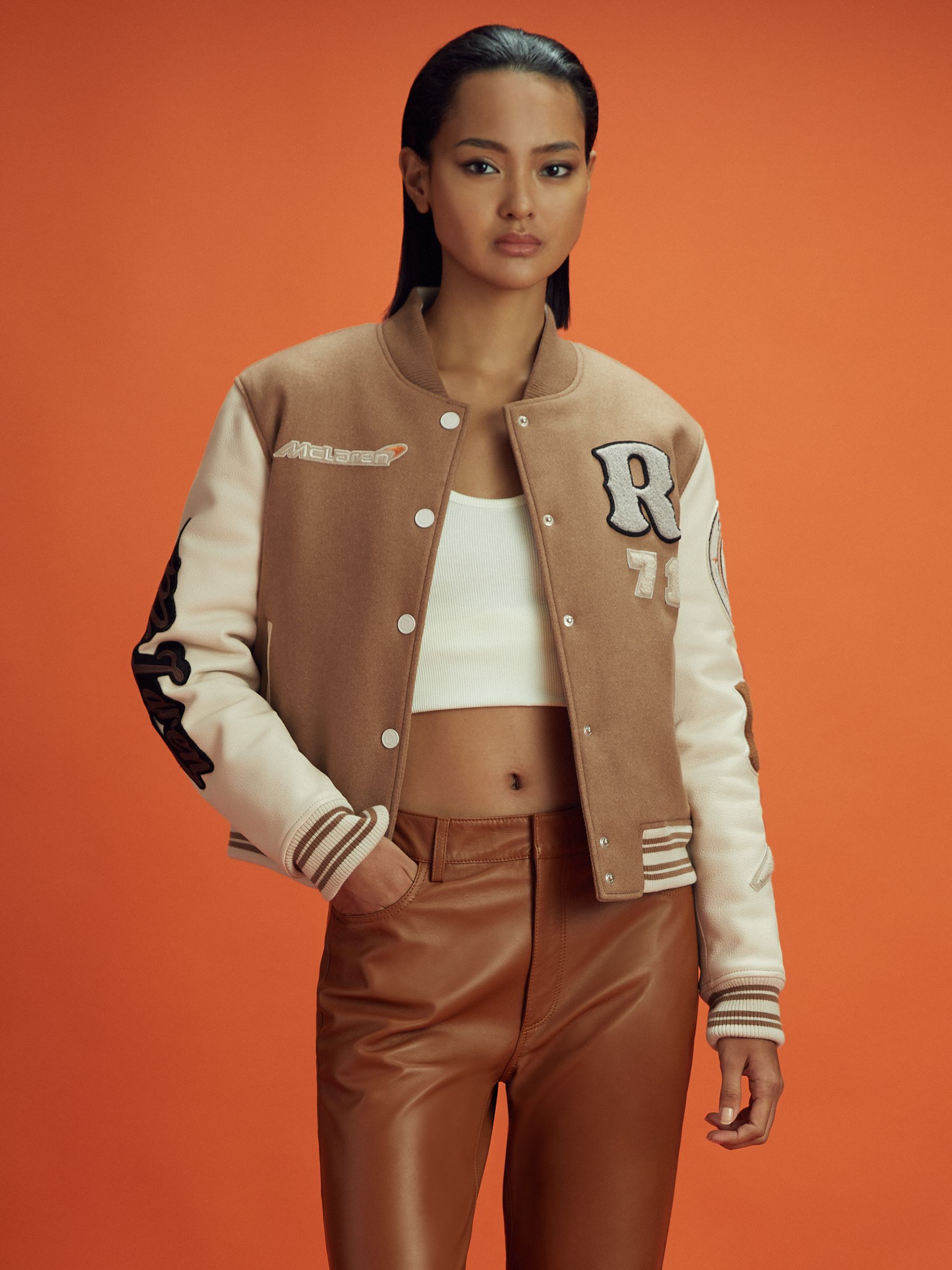 McLaren F1 Leather Varsity Jacket in Camel/Ecru