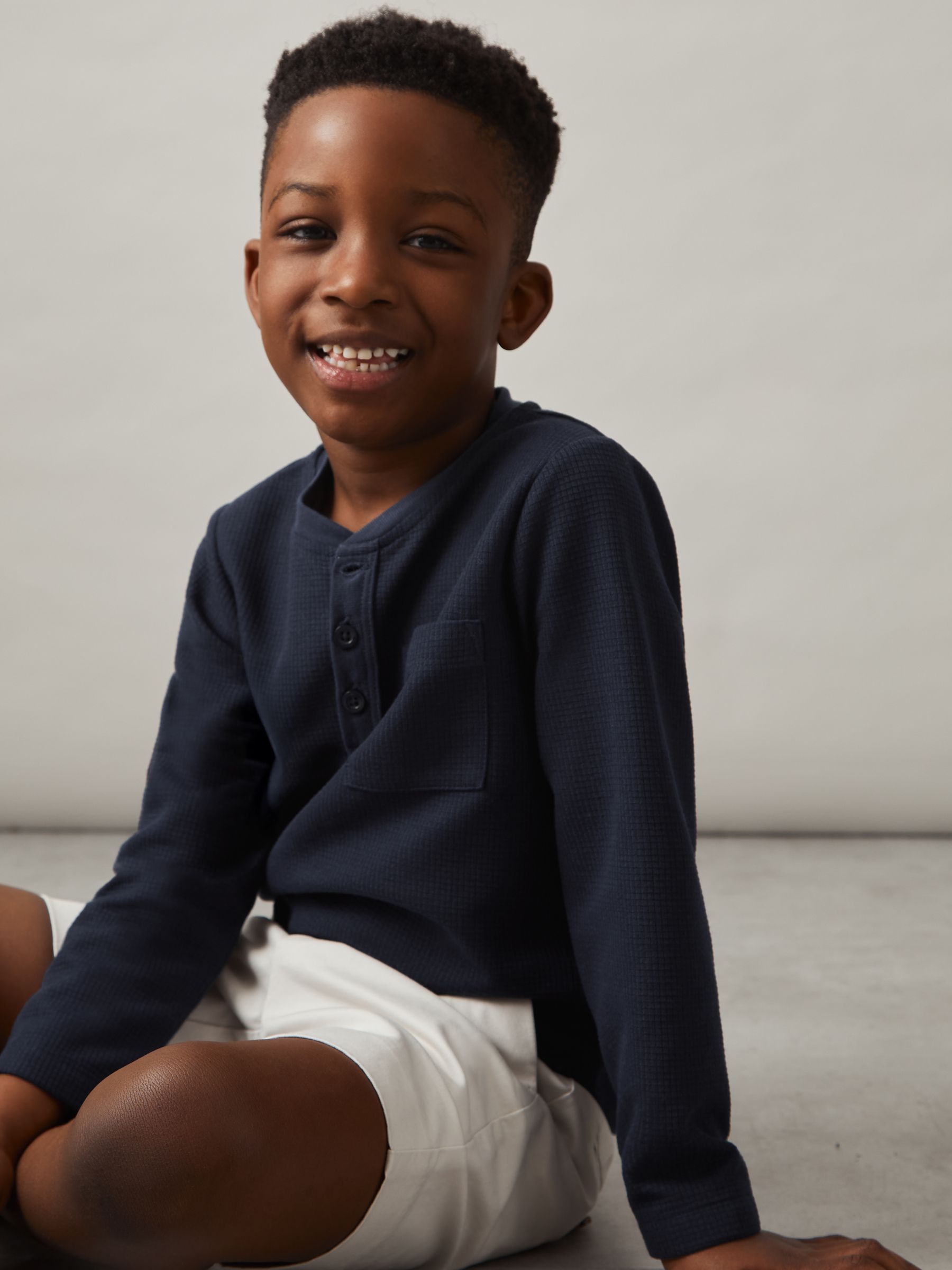 3-9 yrs Cotton-Blend Waffle Henley T-Shirt in Navy
