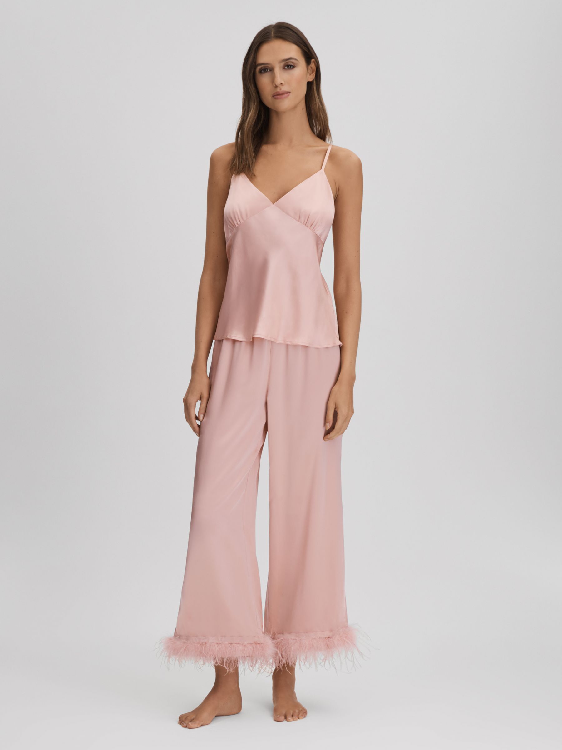 Maison Essentiele Silk Feather Trim Pyjama Bottoms in Blush