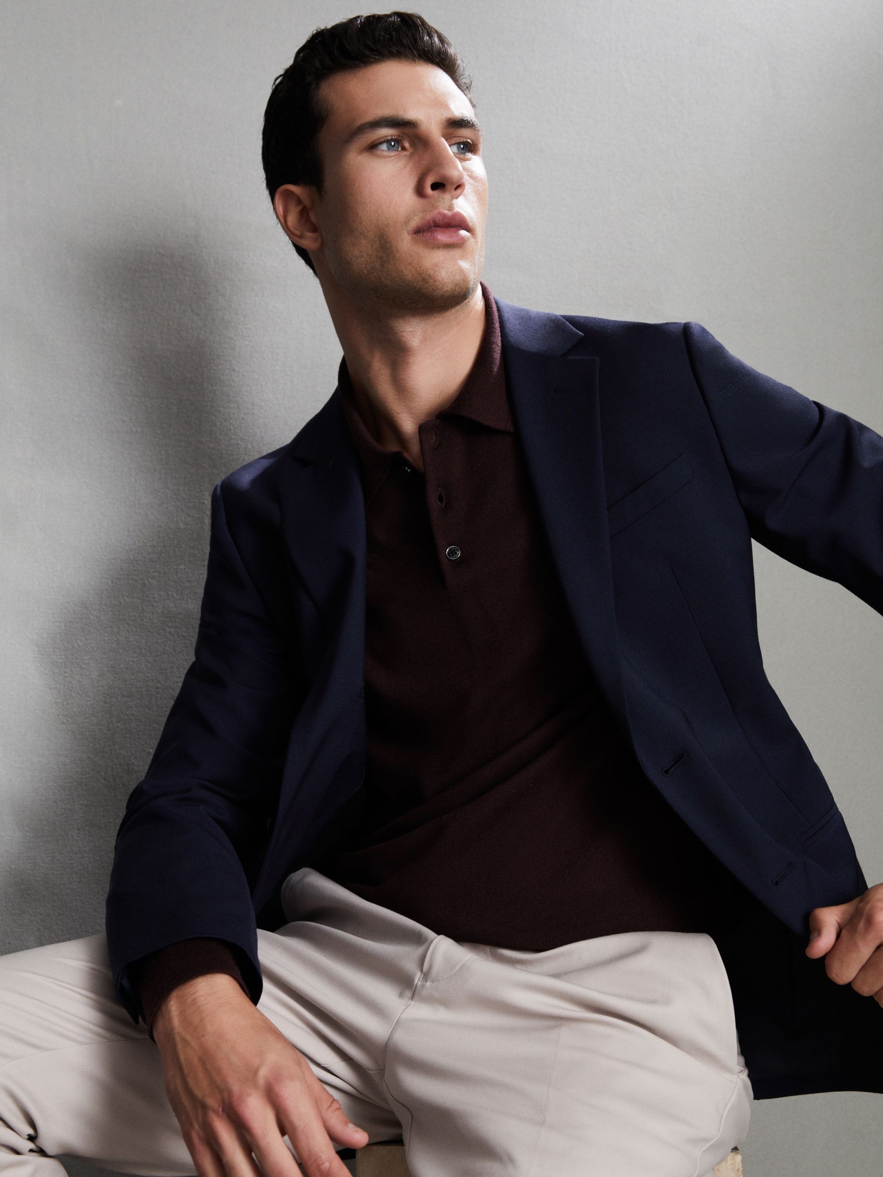 Merino Wool Long-Sleeve Polo Shirt in Dark Bordeaux