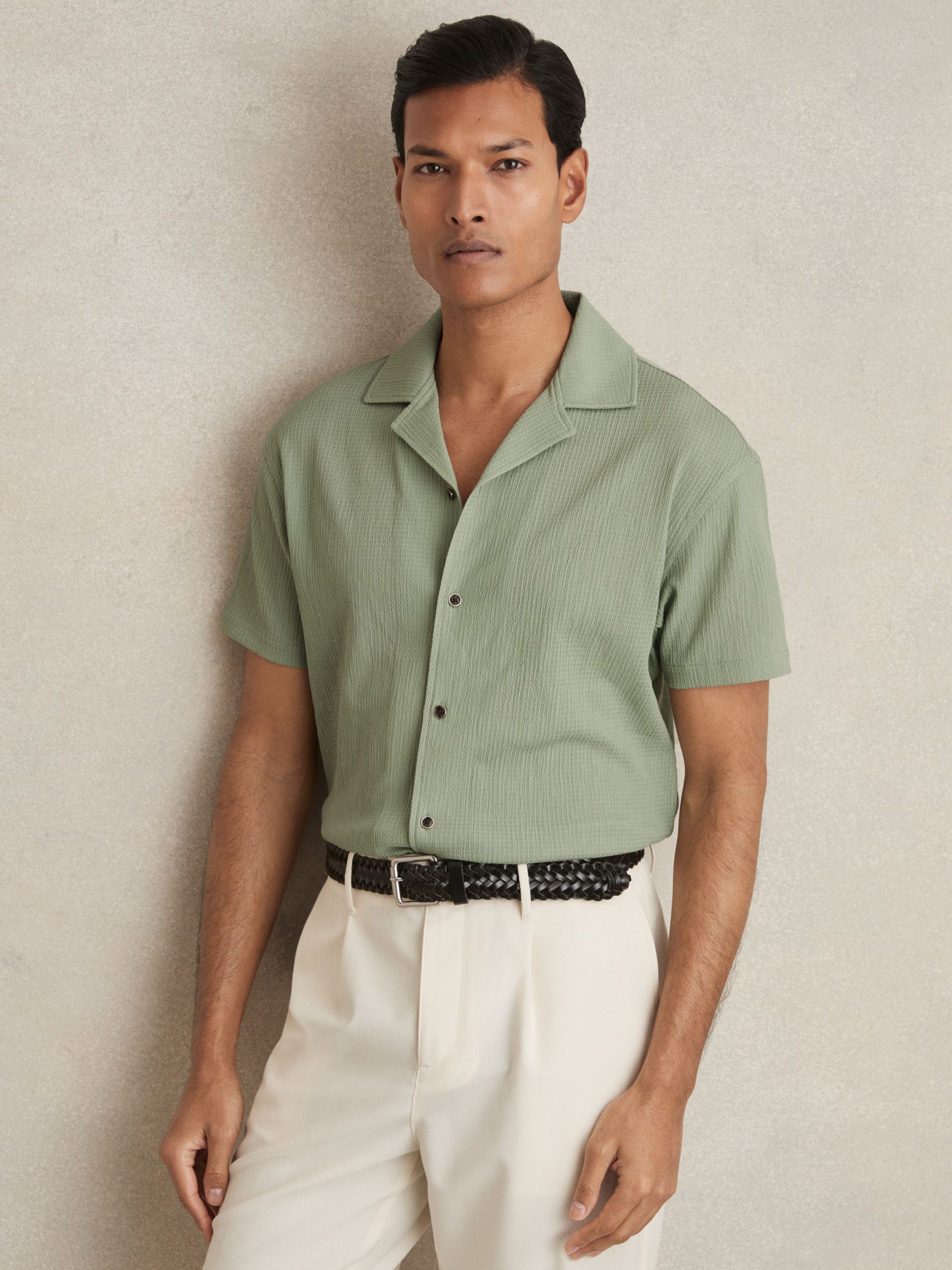 Textured Crepe Cuban Collar Shirt in Sage Green
