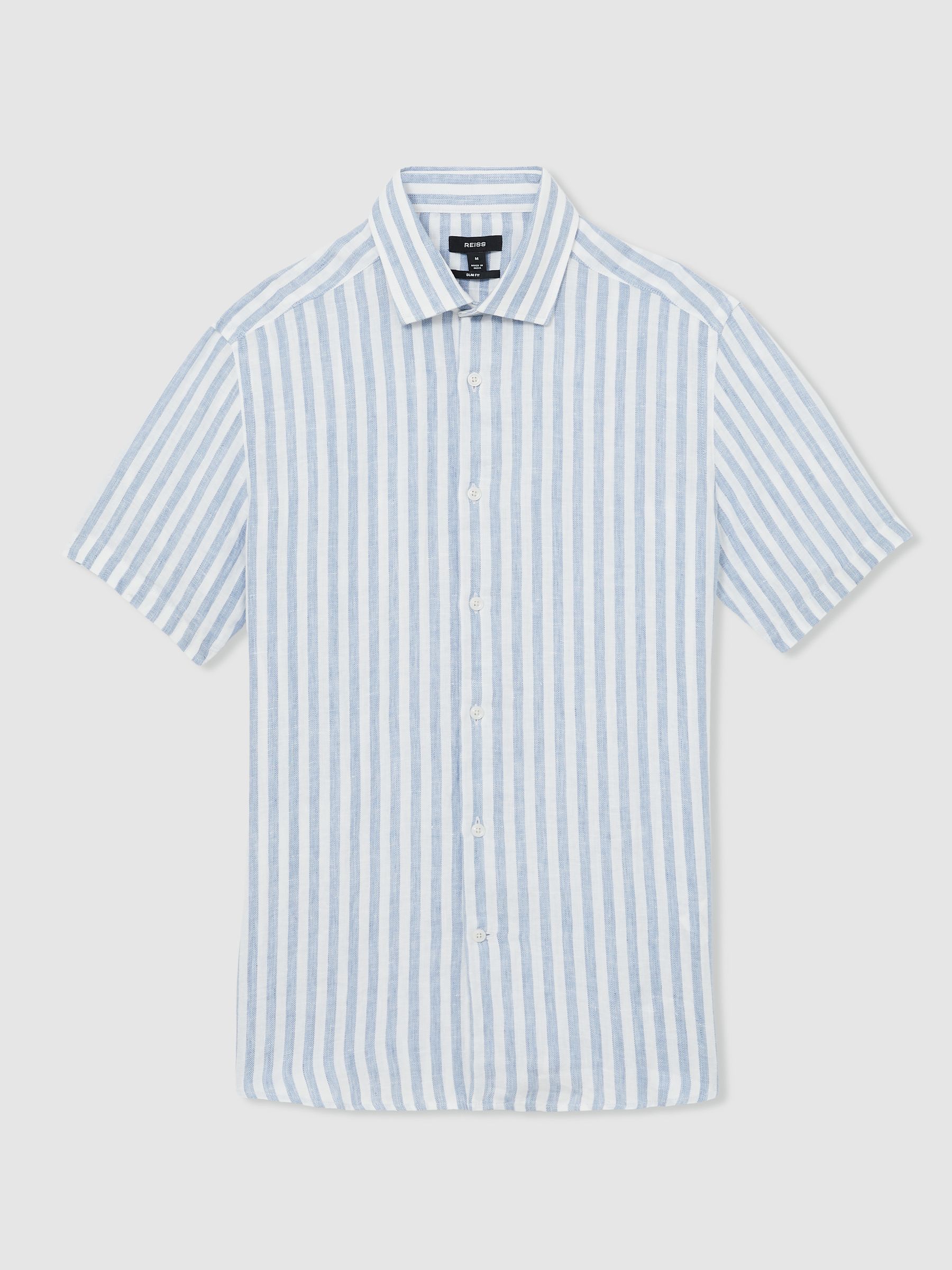 Slim Fit Linen Button-Through Shirt in Soft Blue Herringbone Stripe